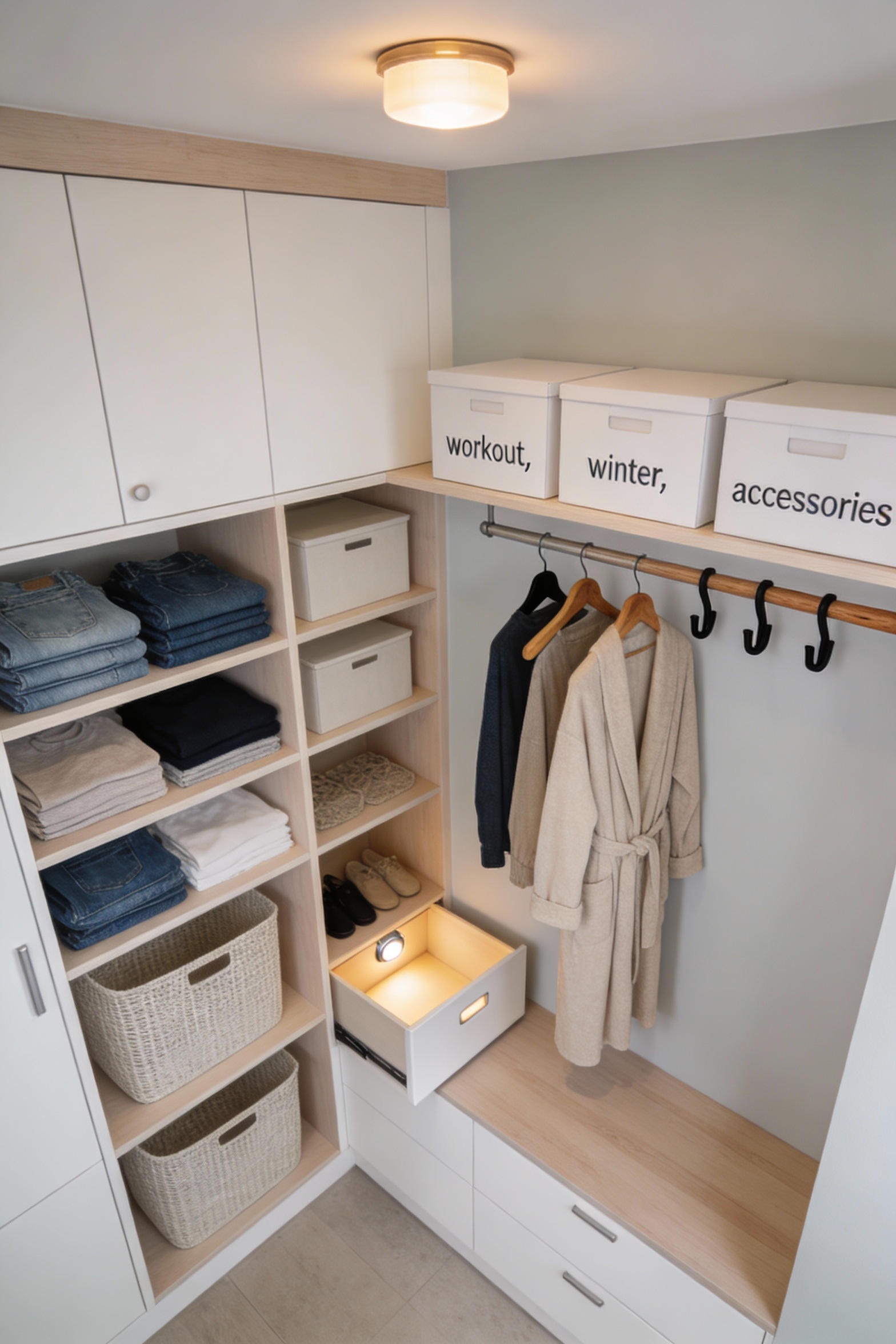 Overhead photorealistic shot emphasizing Scandi organization on open shelving: light greige walls, pale birch/light ash/