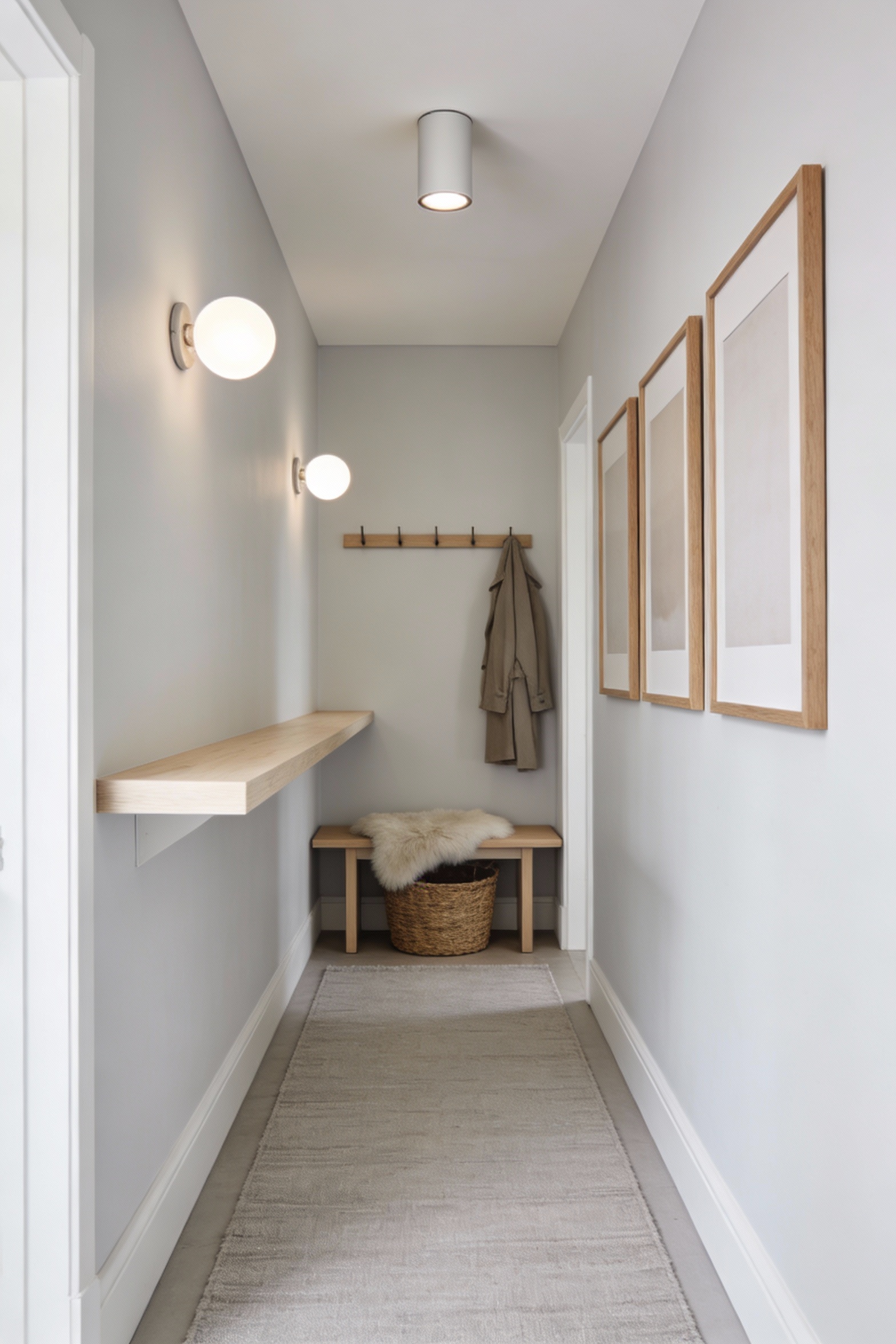 Wide bright perspective of a Scandinavian light tunnel narrow hallway with soft white to whisper-light gray walls and se