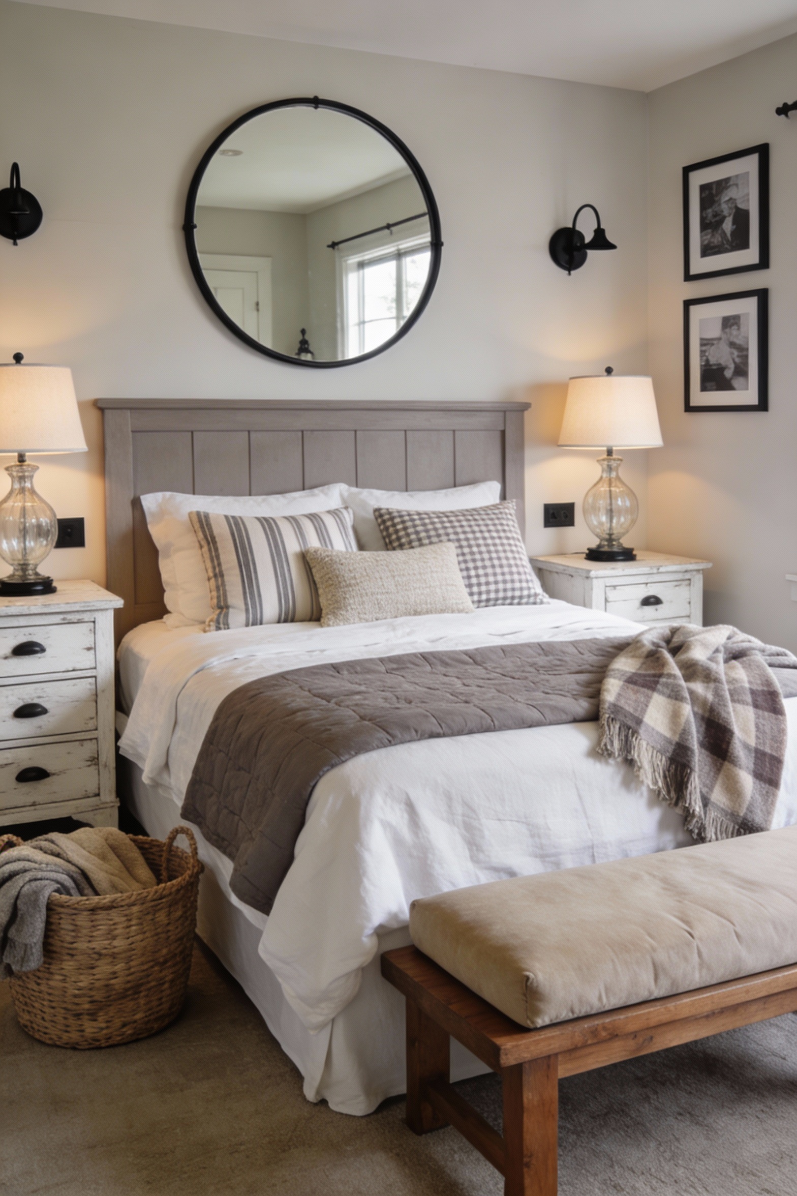 Medium shot photorealistic warm greige modern farmhouse bedroom vignette showing a simple panel bed (or clean-line black
