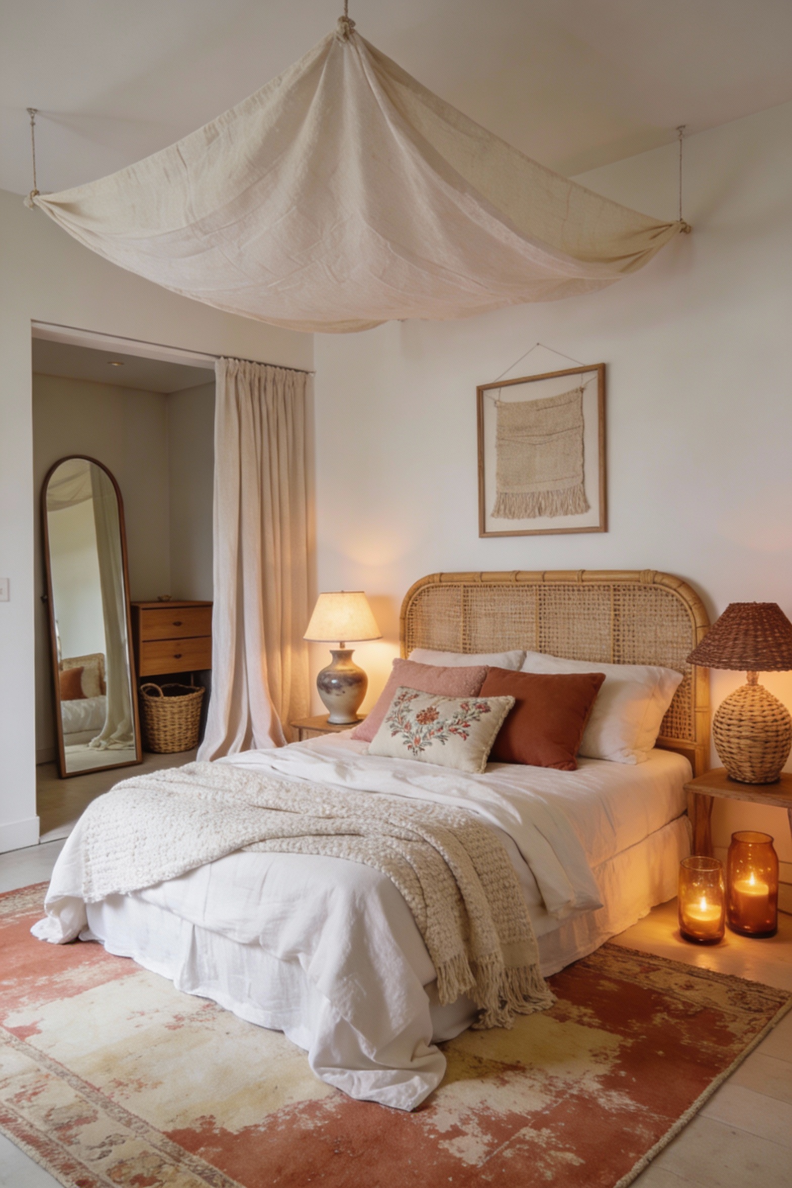 3. Wide photorealistic soft boho bedroom with a ceiling-mounted curtain divider in gauzy cotton or linen blend, slightly