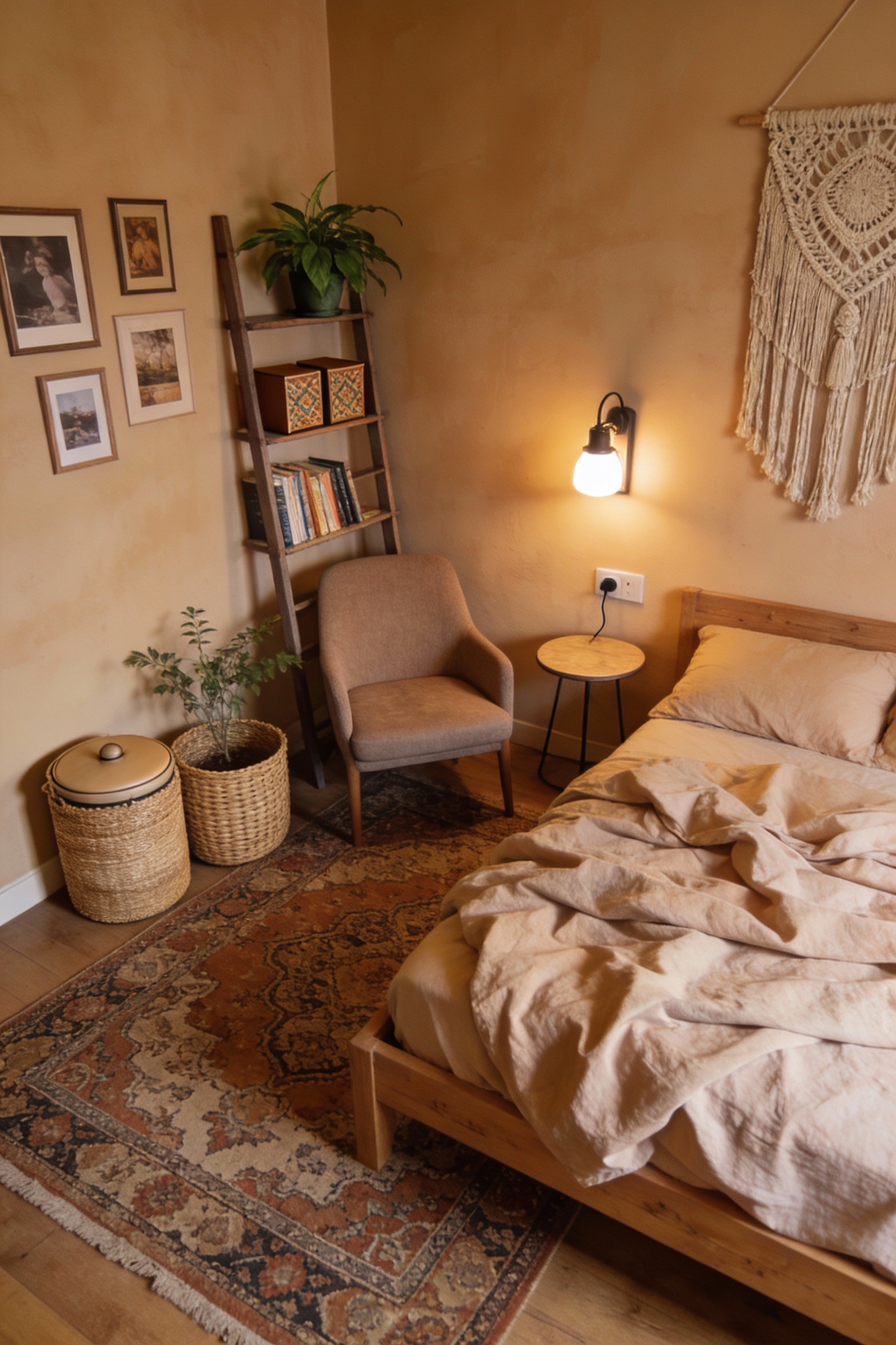 Corner-angle photorealistic boho earthy bedroom with warm terracotta or creamy sand walls, low wooden bed frame with sof