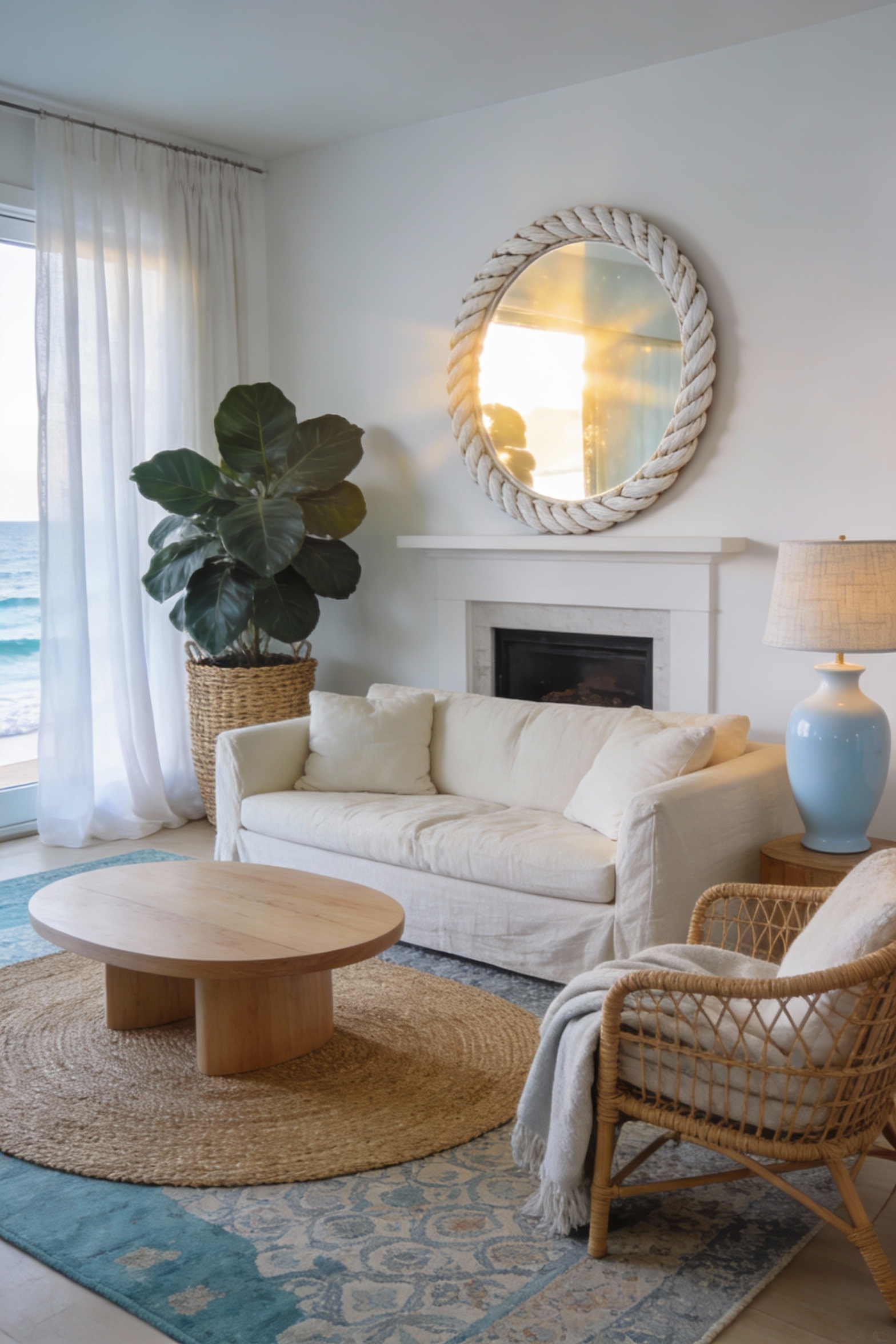 Wide corner-angle photorealistic coastal living room in soft white, sand beige, and watery blue-gray: whitewashed wood (