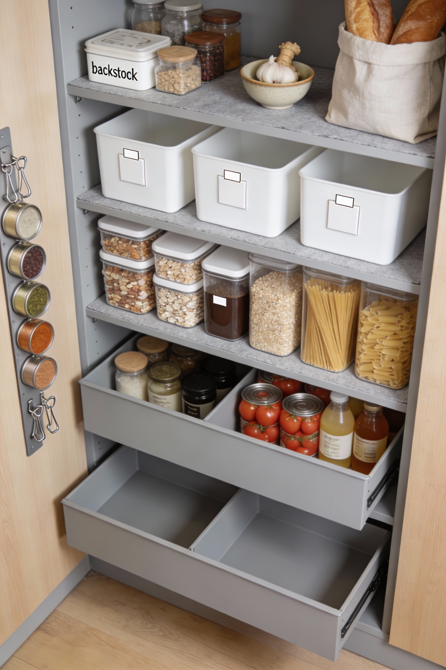 3. Wide, calm Scandinavian slim pantry shot from a slightly elevated angle: soft gray and light maple tones, light gray 