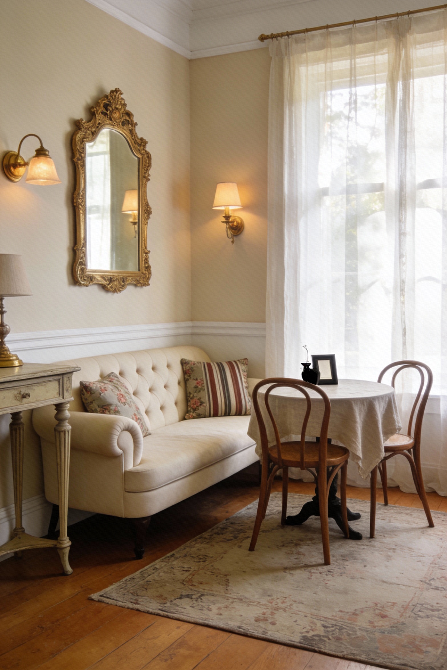 Wide photorealistic corner view of a Parisian micro-apartment with creamy beige walls and white trim, warm-toned floors,