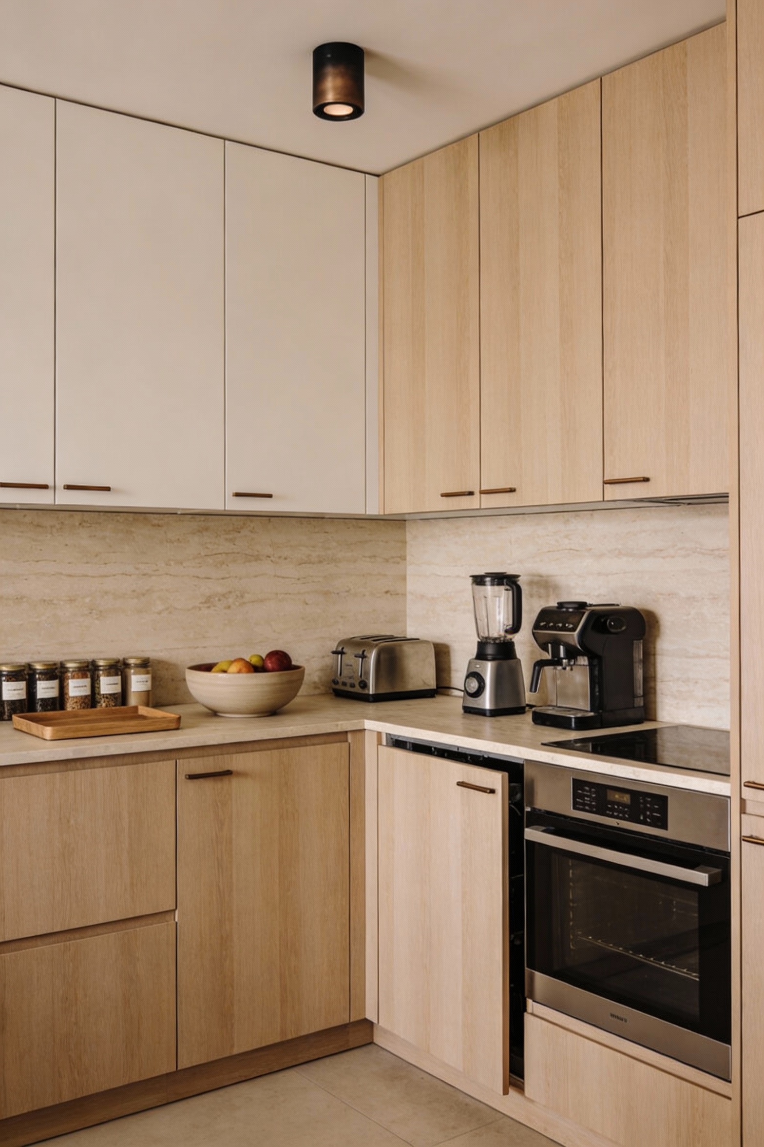 Wide photorealistic minimalist warm-modern prep gallery scullery from a clean corner perspective: flat-front natural whi