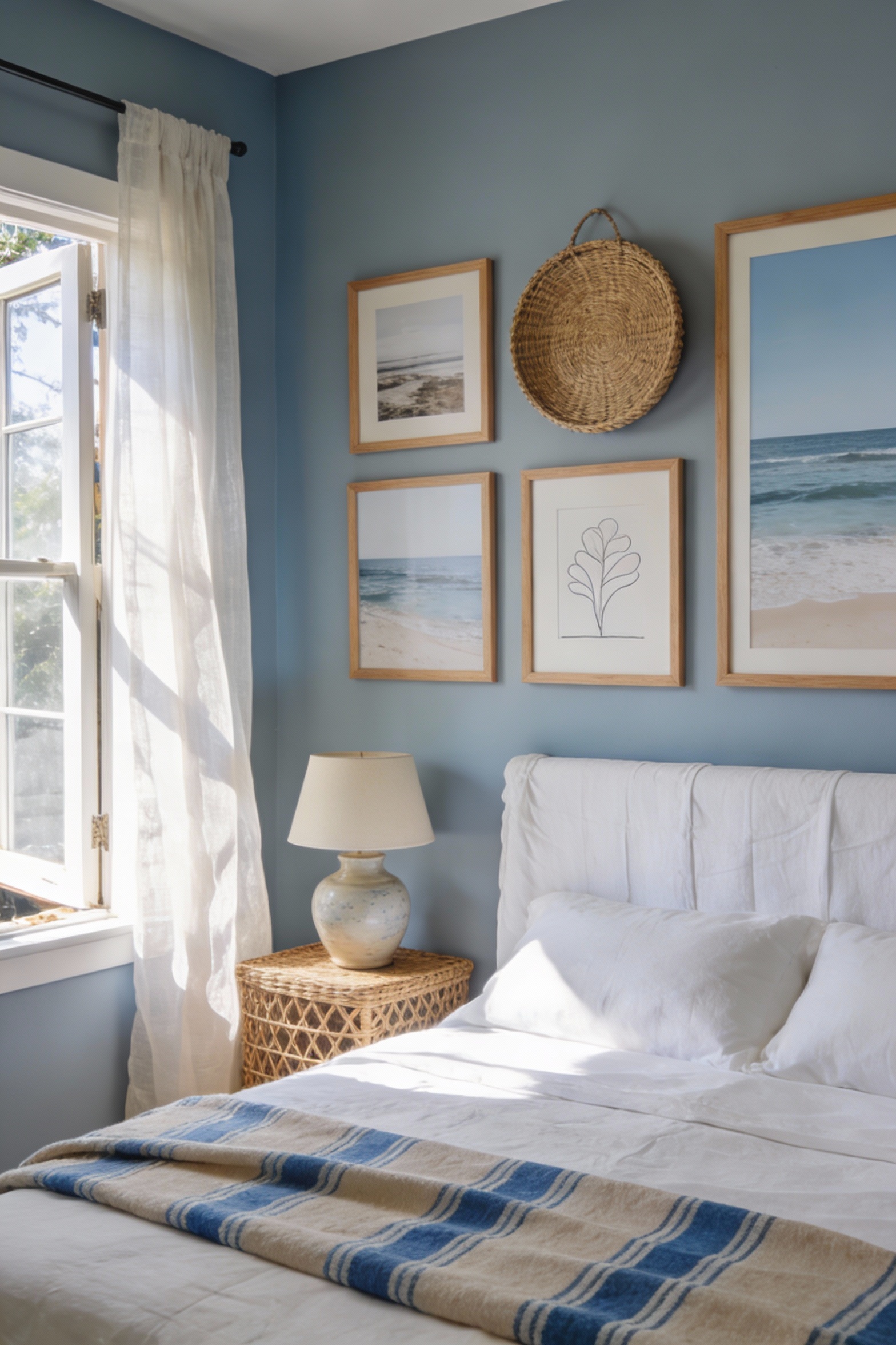 Medium shot photorealistic sunlit coastal bedroom focused on the bed wall: sea-salt blue/misty gray-blue walls, relaxed
