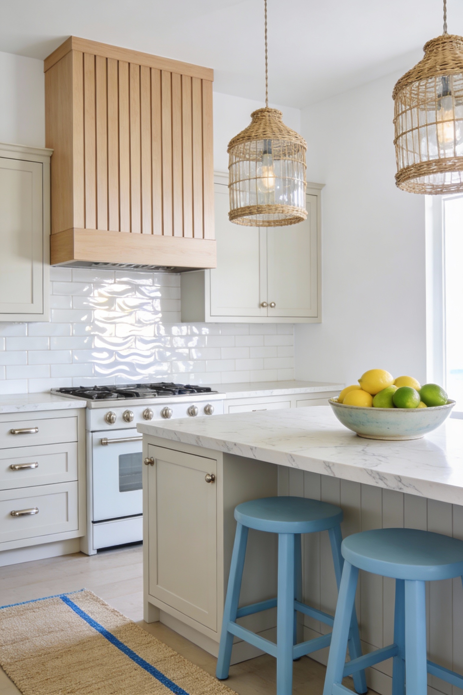 3. Bright coastal kitchen corner-angle wide shot featuring a light wood (white oak/ash) vent hood with simple vertical s