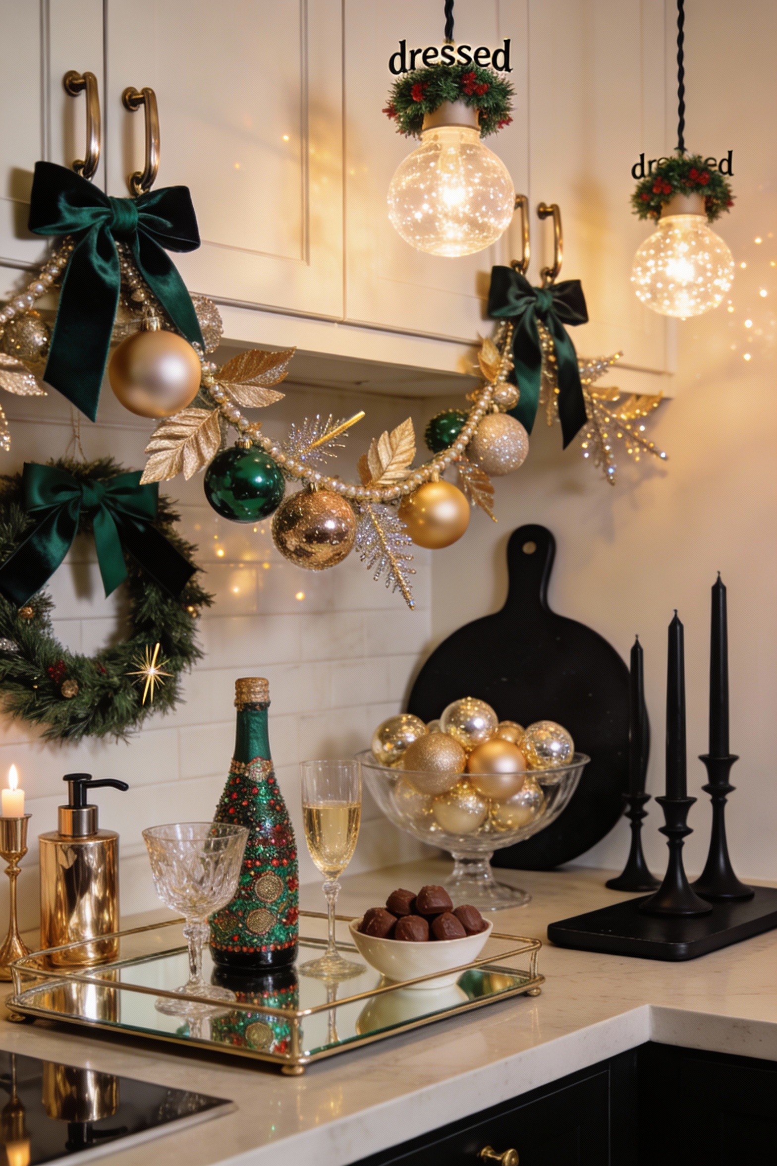 Straight-on wide-to-medium photorealistic glam entertaining kitchen styled like a mini holiday lounge: palette of champa