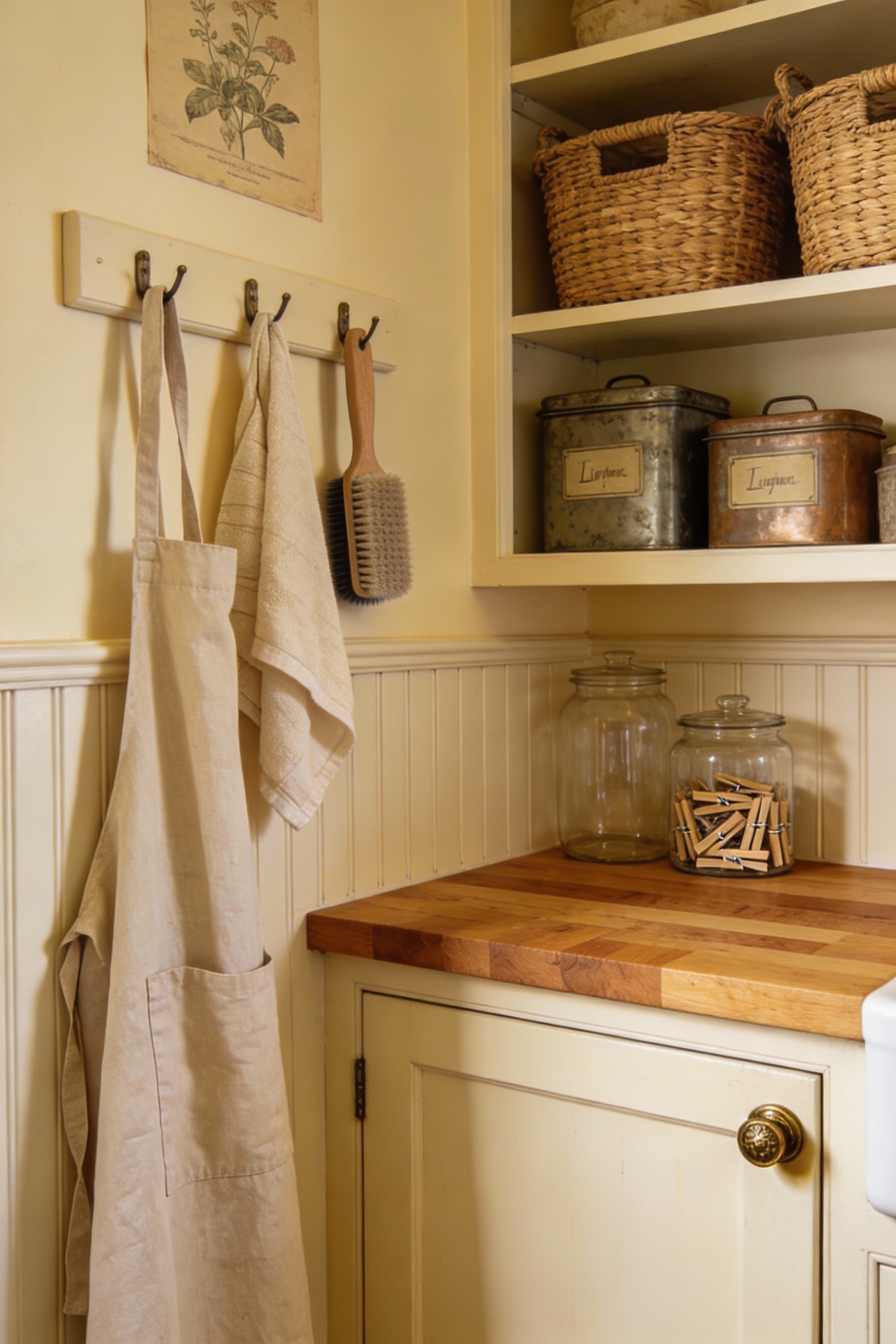 Detail closeup photorealistic shot of a cottagecore laundry utility corner vignette: buttery cream wall paint with beadb