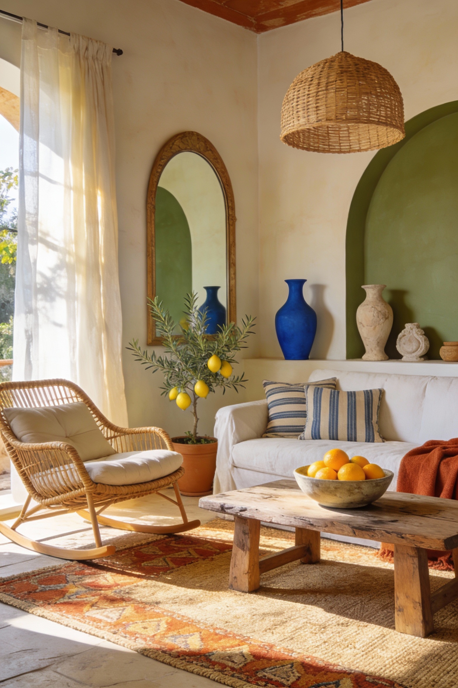 3. Bright corner-angle wide shot of a sunny Mediterranean modern living room: creamy walls, sun-washed palette of terrac