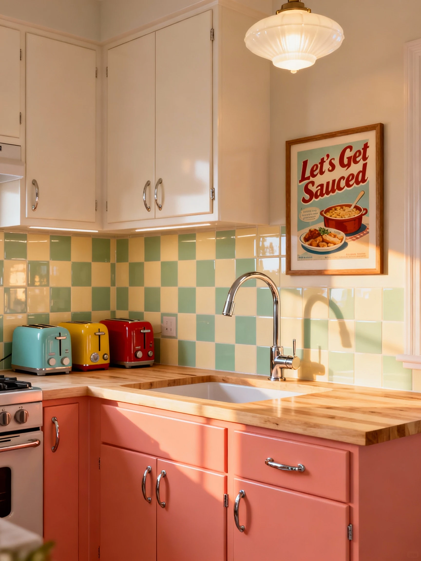 Detail photorealistic closeup of a playful retro pop kitchen backsplash: glossy checkerboard tile in buttercream and sof