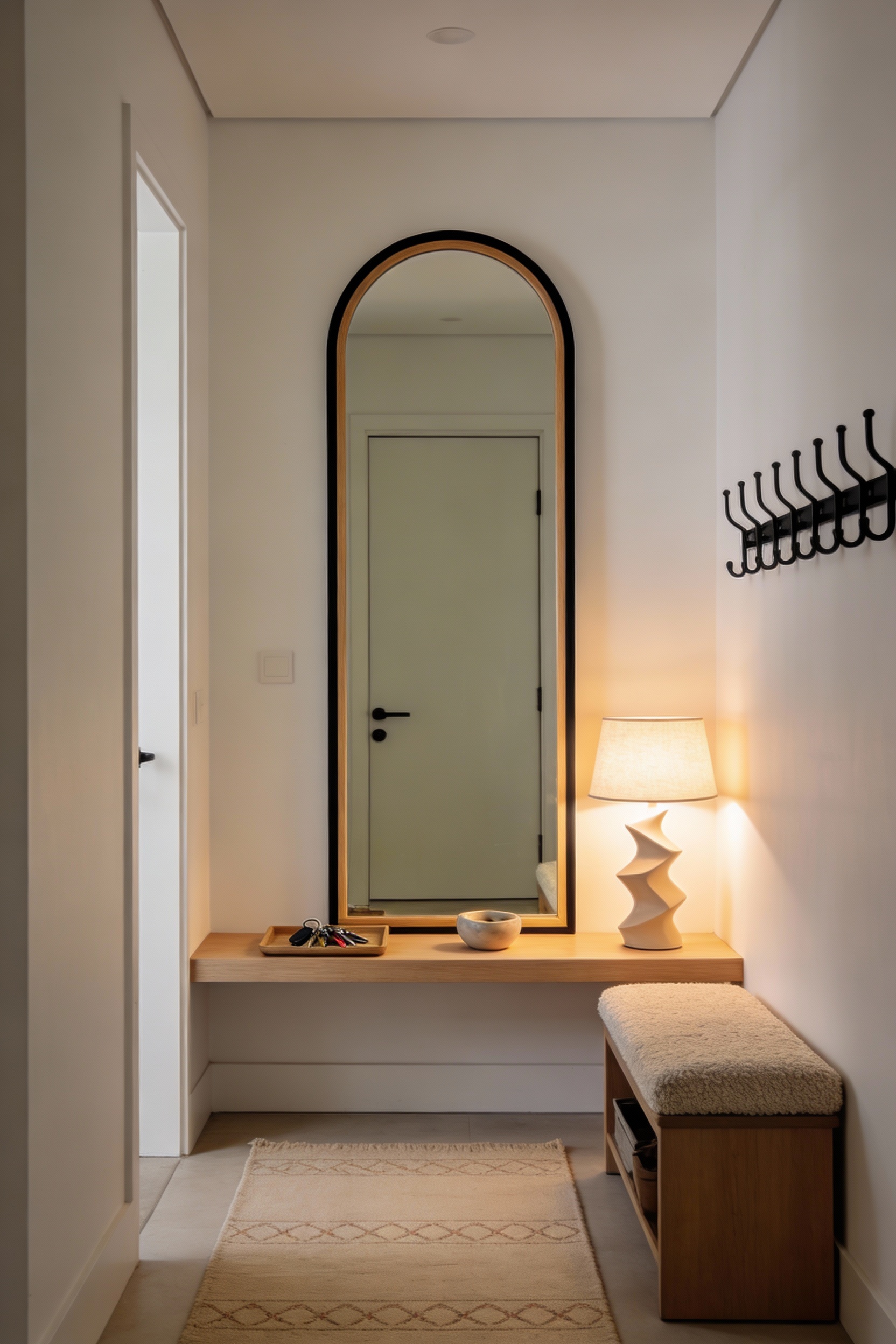 Wide photorealistic Scandinavian entryway, straight-on view: giant arched mirror nearly floor-to-ceiling leaning or moun