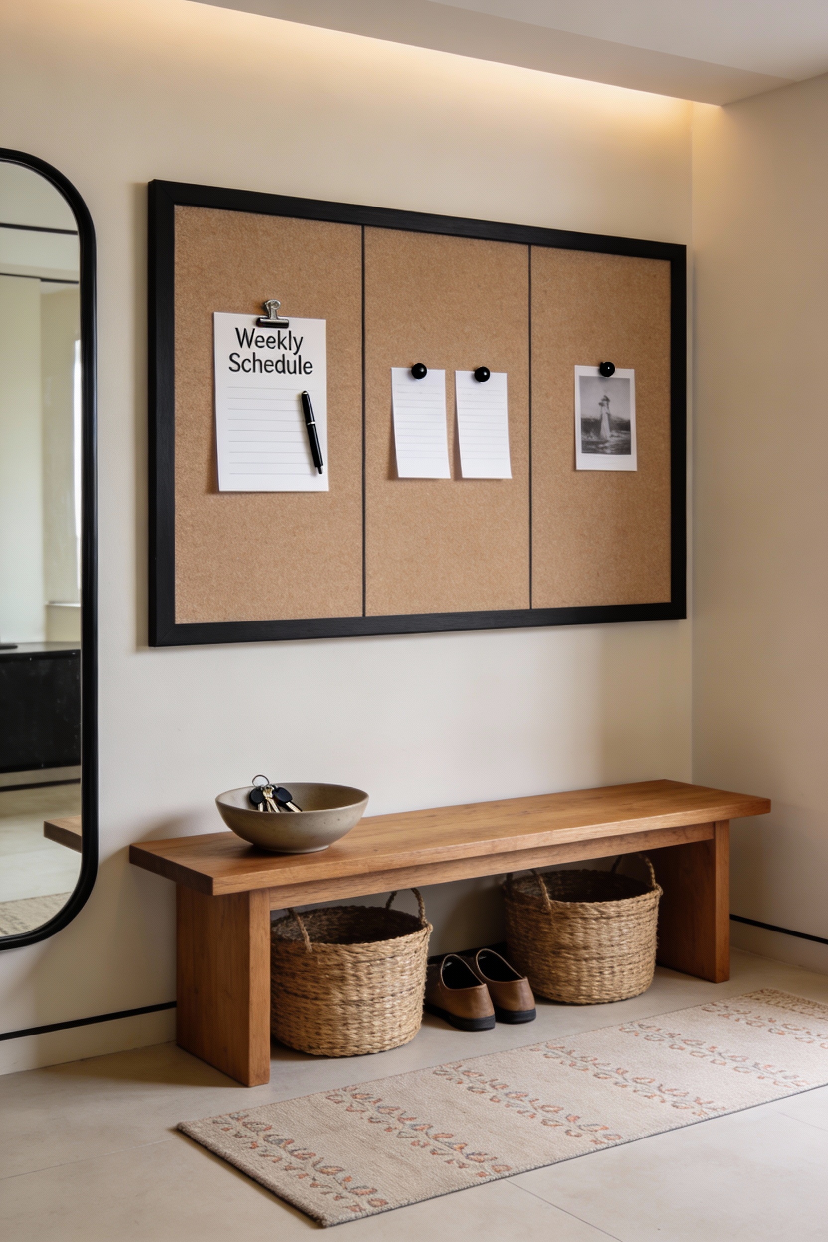 Wide entryway command-station photorealistic shot in minimal Japandi style: warm oak bench centered under a black-framed