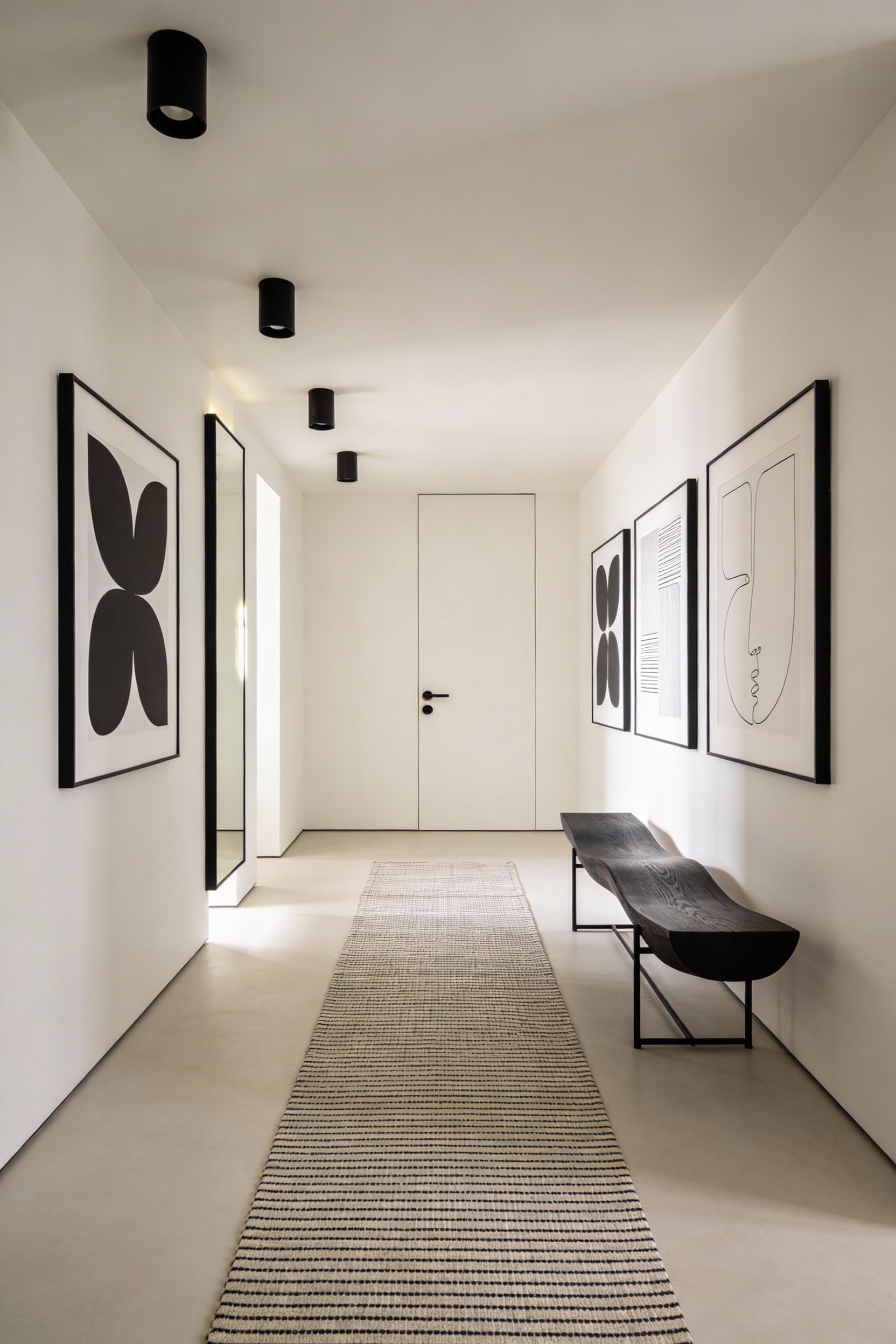 Wide one-point perspective photorealistic shot of a modern minimal runner hallway: soft greige or warm white walls with