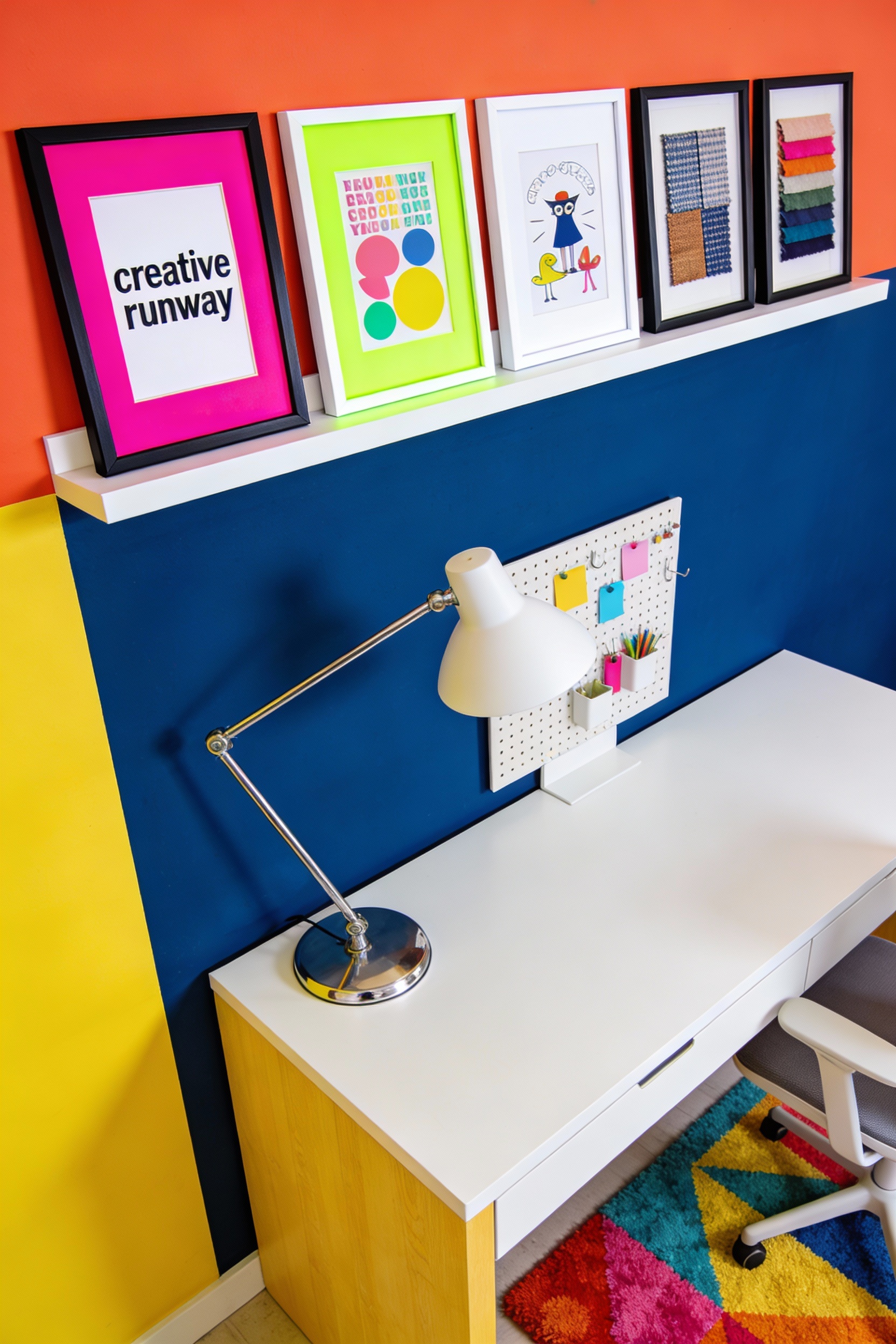 Overhead-to-slight-angle photorealistic playful color-soaked home office vignette centered on the wall above a clean-lin