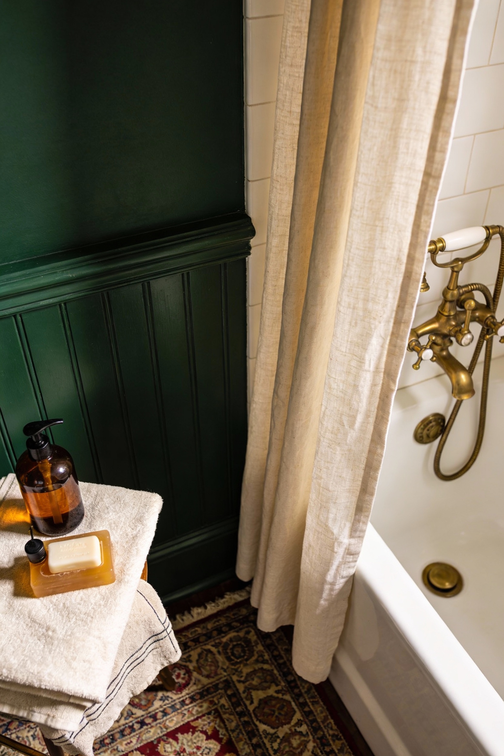 Overhead close-up photorealistic styling shot in a deep forest green cottage bathroom focusing on cozy layered textiles 