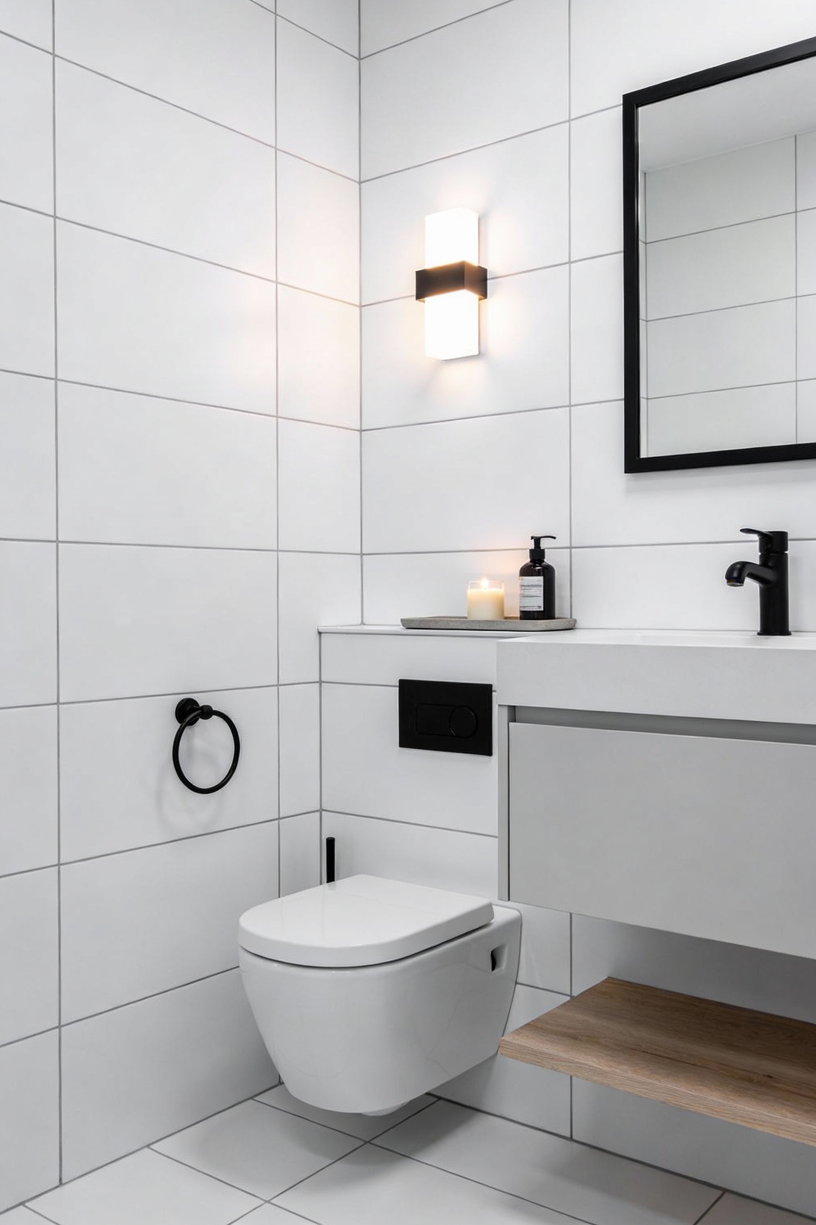 Wide photorealistic shot of a modern monochrome minimalist downstairs toilet: bright white walls (large-format white til