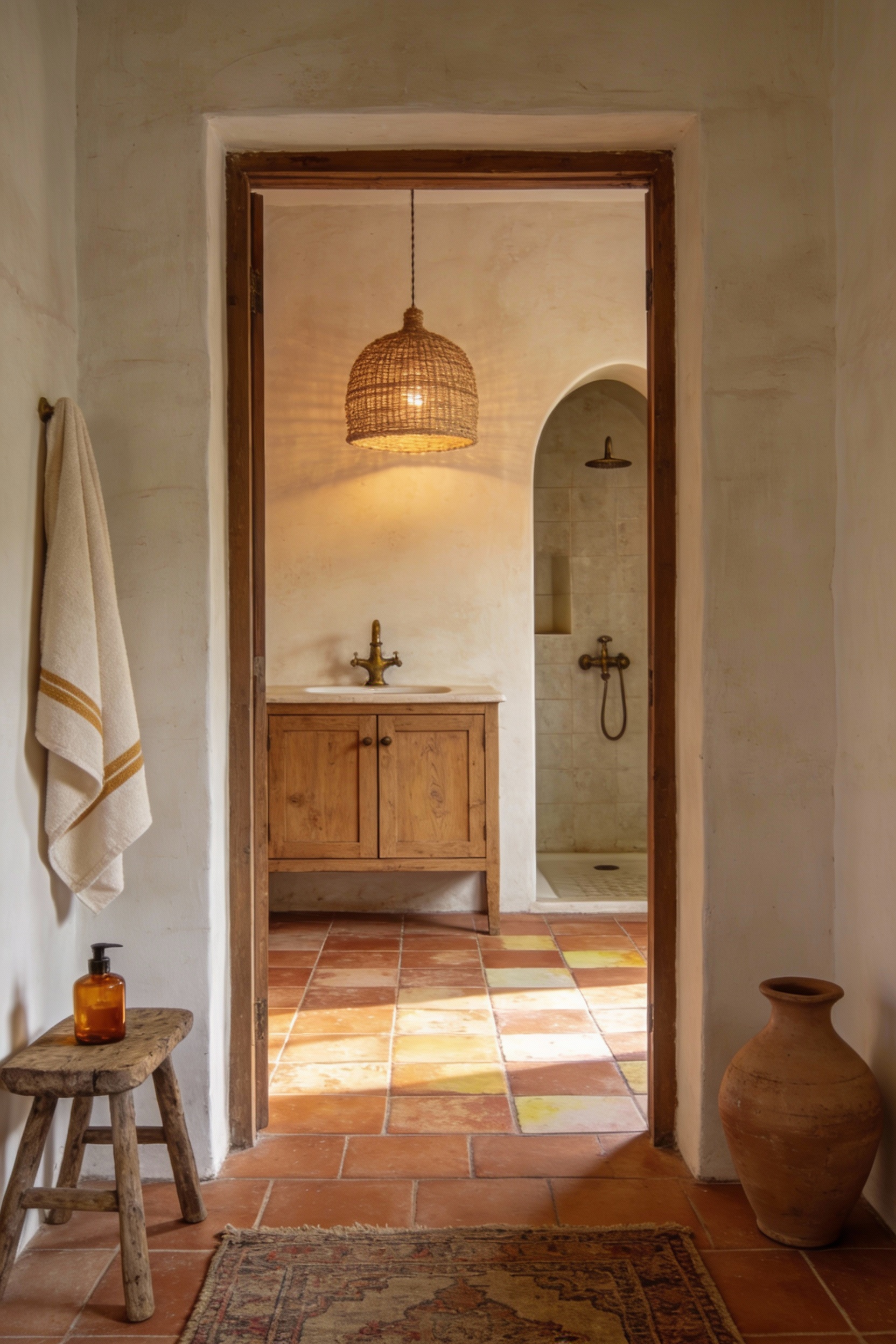 Wide photorealistic bathroom scene, earthy Mediterranean hideaway: terracotta-look porcelain floor tile in warm clay ton