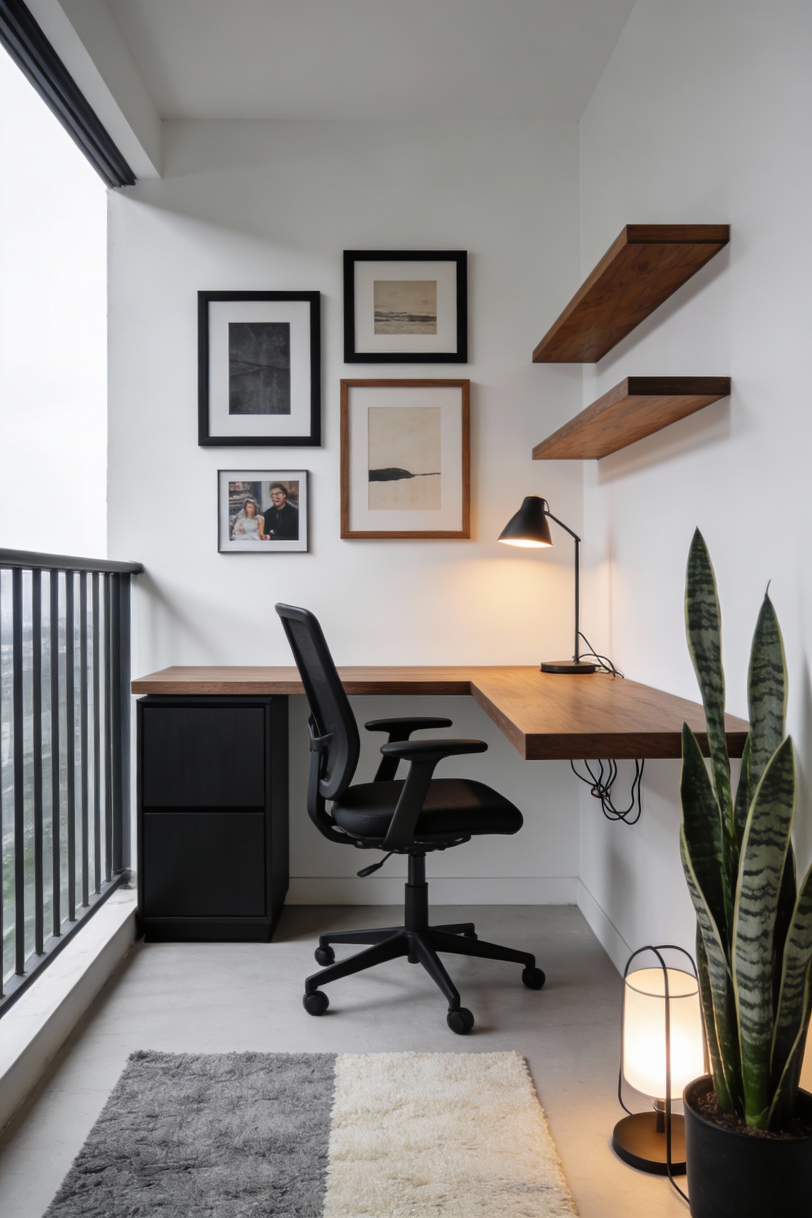 Wide photorealistic straight-on view of a modern closed-balcony home office with a gallery wall: palette of white and so