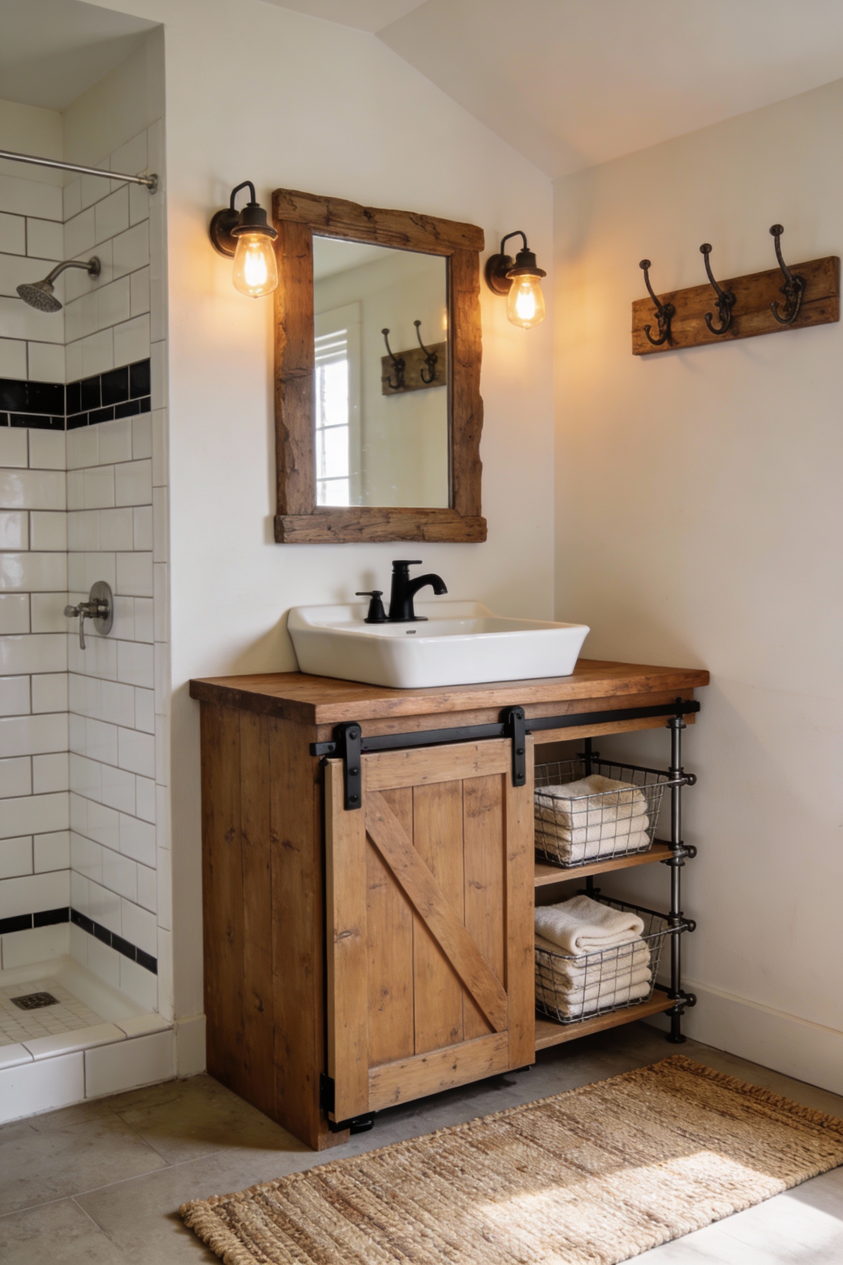 Wide photorealistic rustic farmhouse washroom: creamy warm-white walls, sliding barn-style vanity cabinet or console-sty