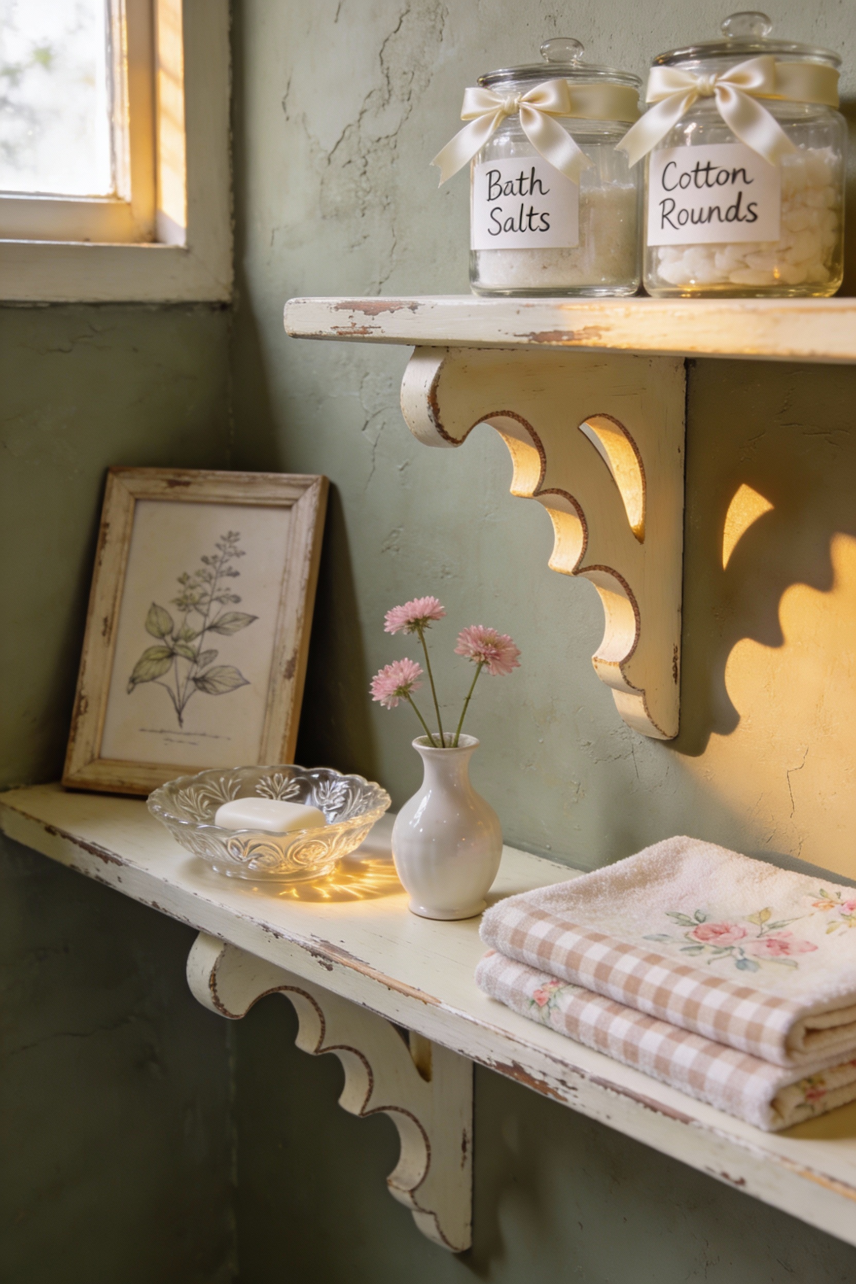 Detail close-up photorealistic shot of vintage cottage bathroom painted bracket shelves (decorative arched/scalloped bra