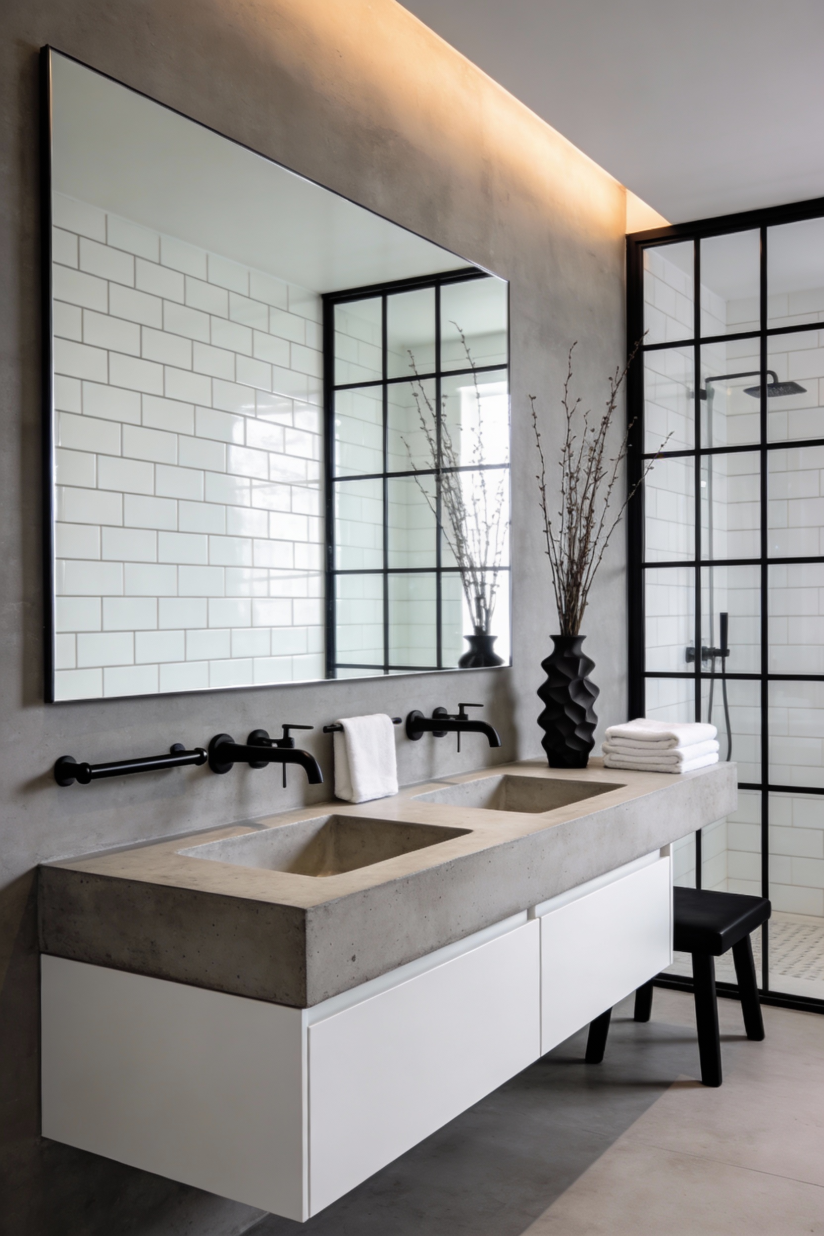 Detail-focused photorealistic shot emphasizing sleek urban minimal materials: wall-mounted handleless matte white double