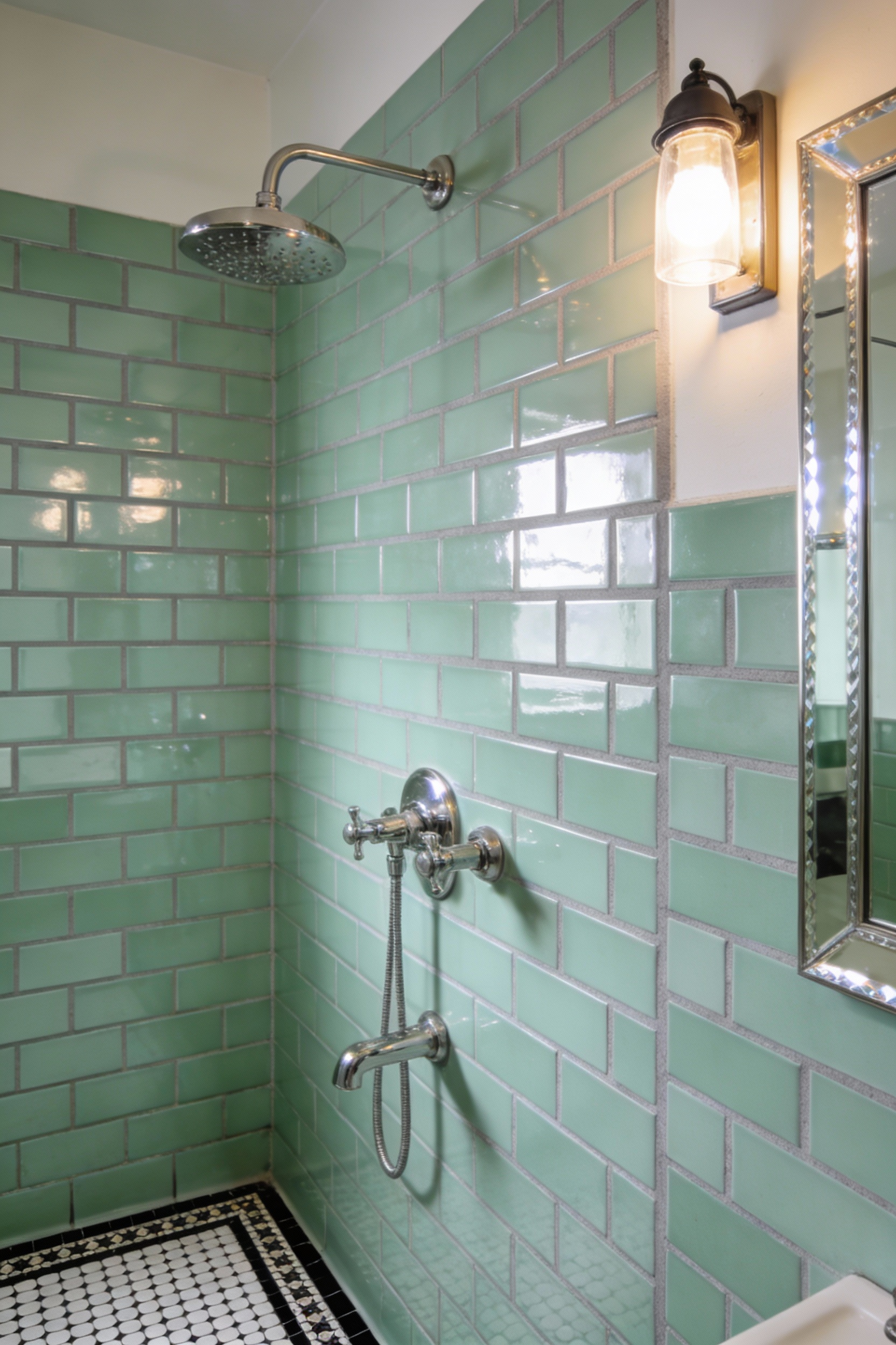 Detail close-up photorealistic shot focusing on vintage revival materials: mint green subway tile shower wall in traditi
