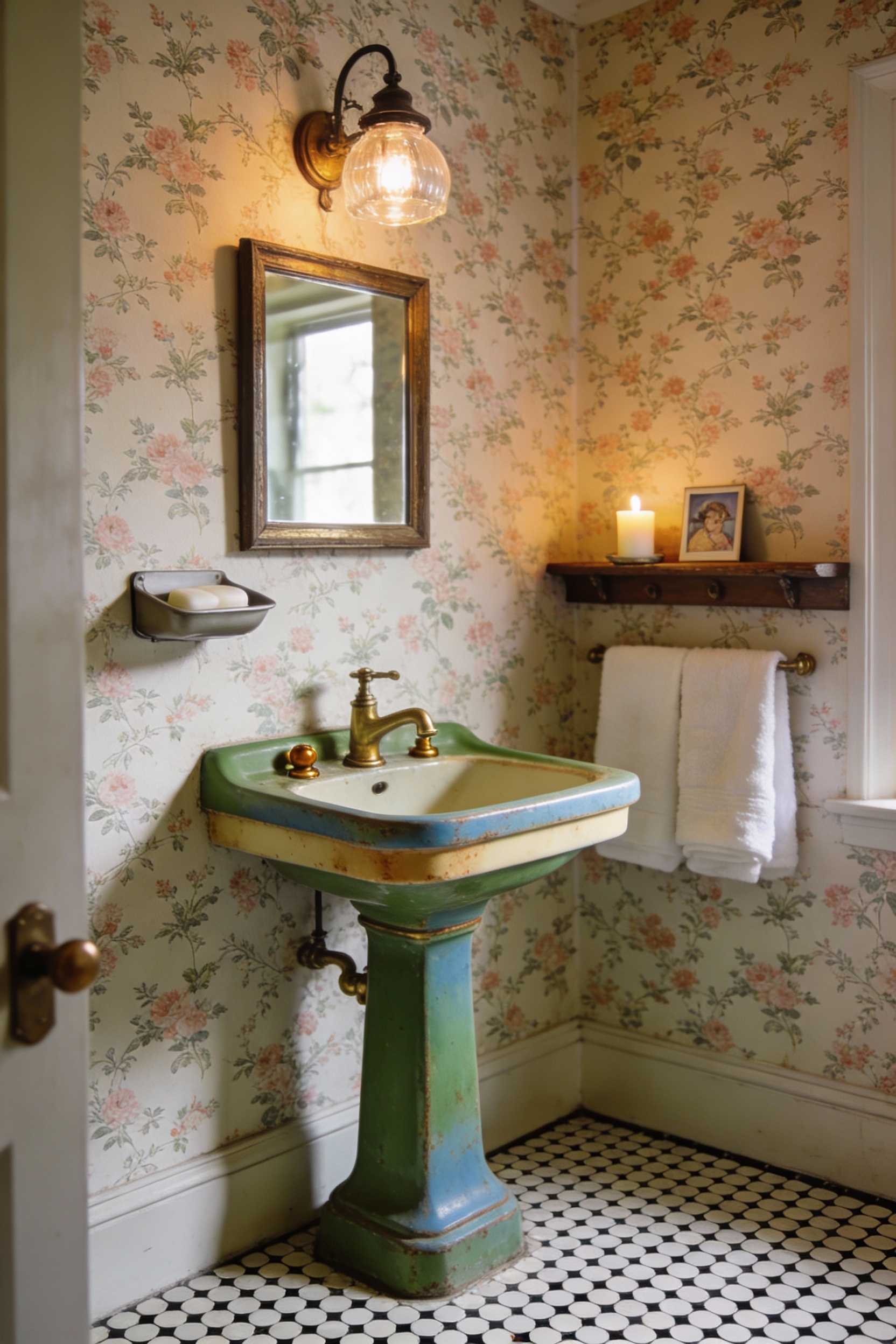 Wide photorealistic straight-on shot of a vintage charm cloakroom: bold small-scale floral/toile/botanical wallpaper, pe