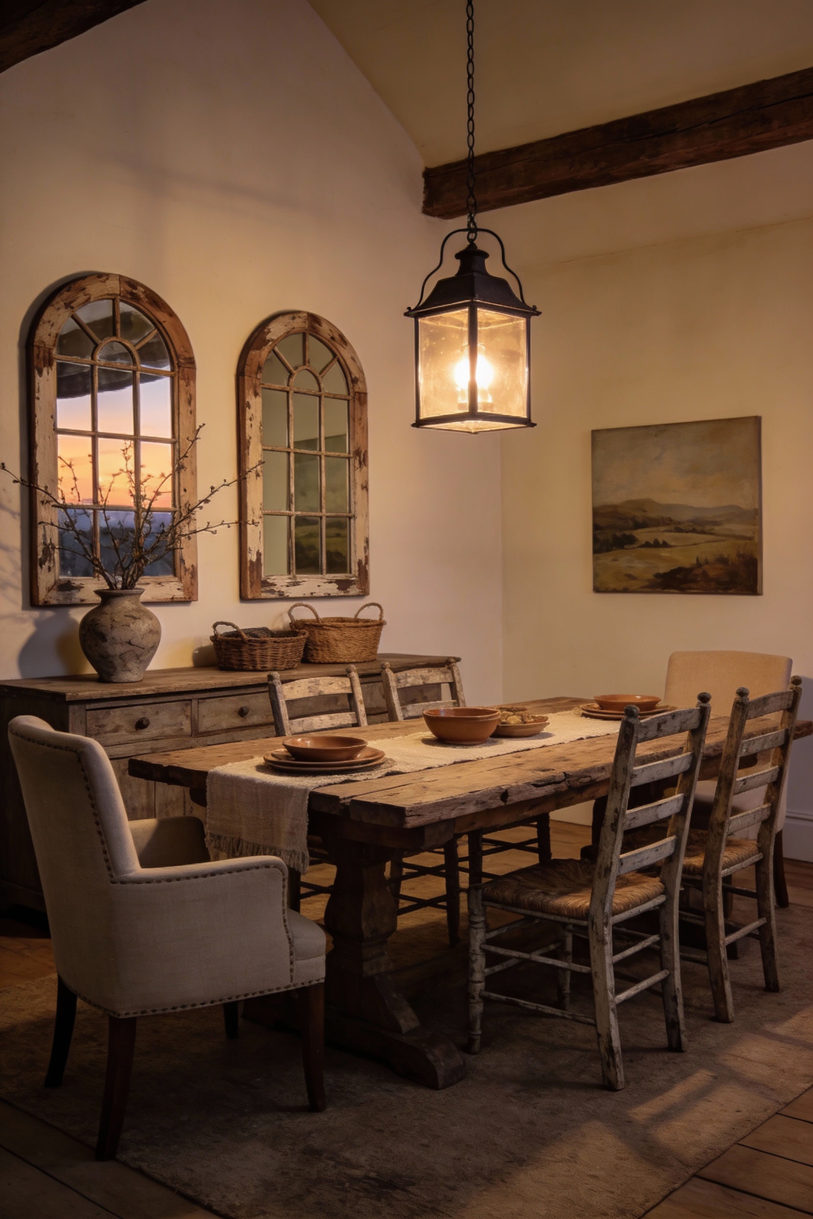 4. Wide corner-angle shot of a rustic farmhouse dining room: gentle cream walls with a pair of windowpane mirrors in dis