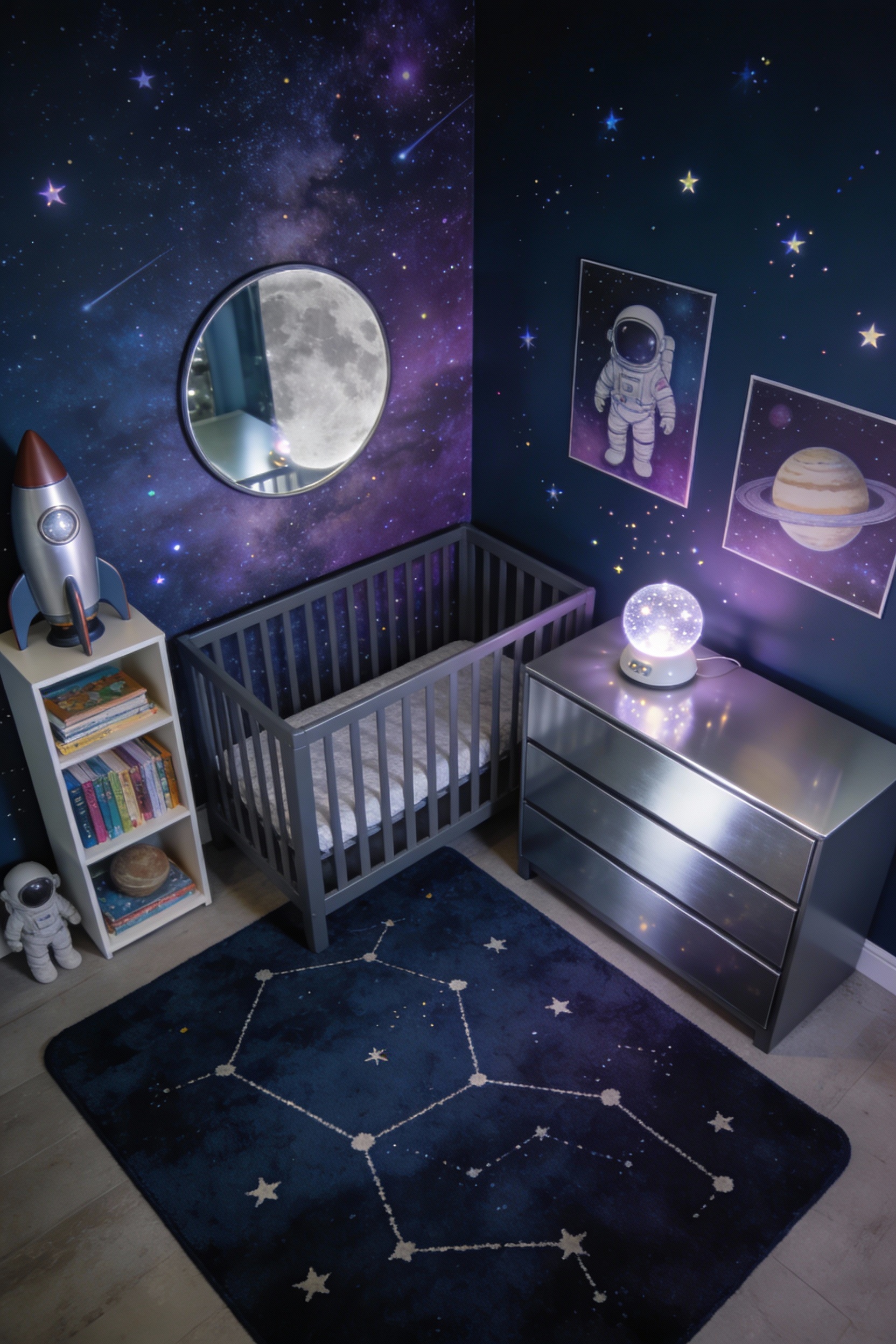 4. Photorealistic overhead shot of a space-themed nursery corner at night: constellation rug grounding a graphite crib b