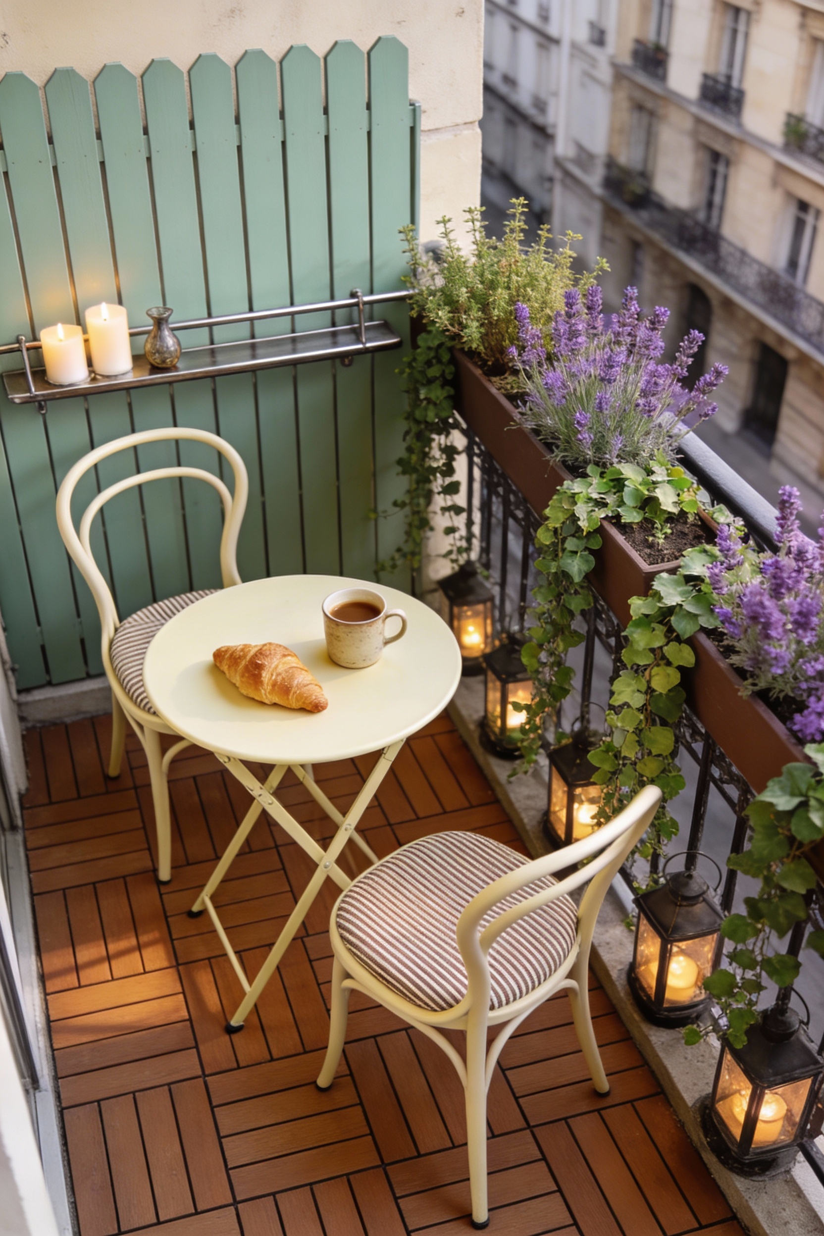 Photorealistic overhead corner view of an urban balcony: slim sage picket panel replacing the metal screen with a narrow