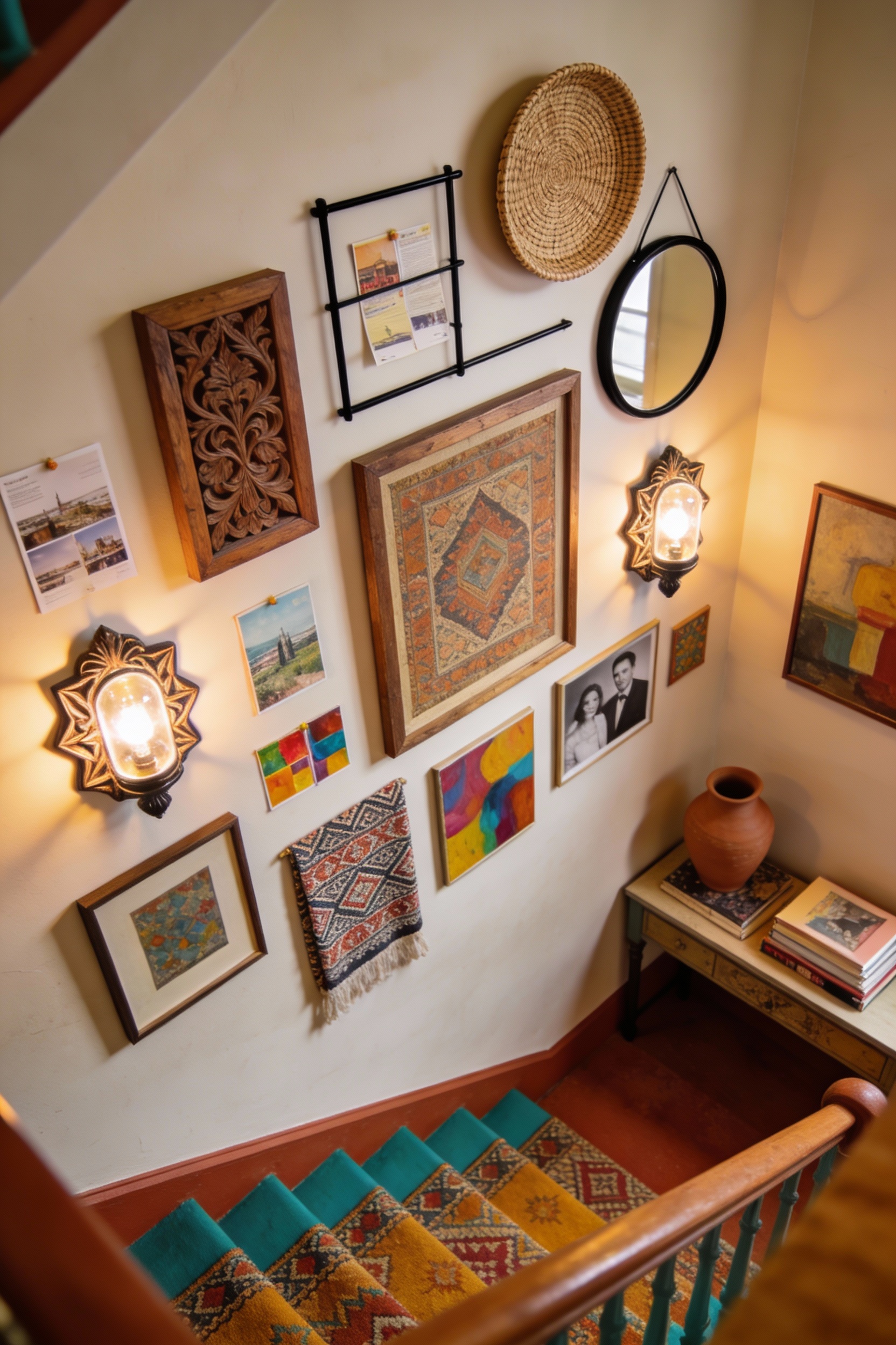 Photorealistic closeup, upward-angled detail following the rise of an eclectic boho staircase story wall: a diagonal arr