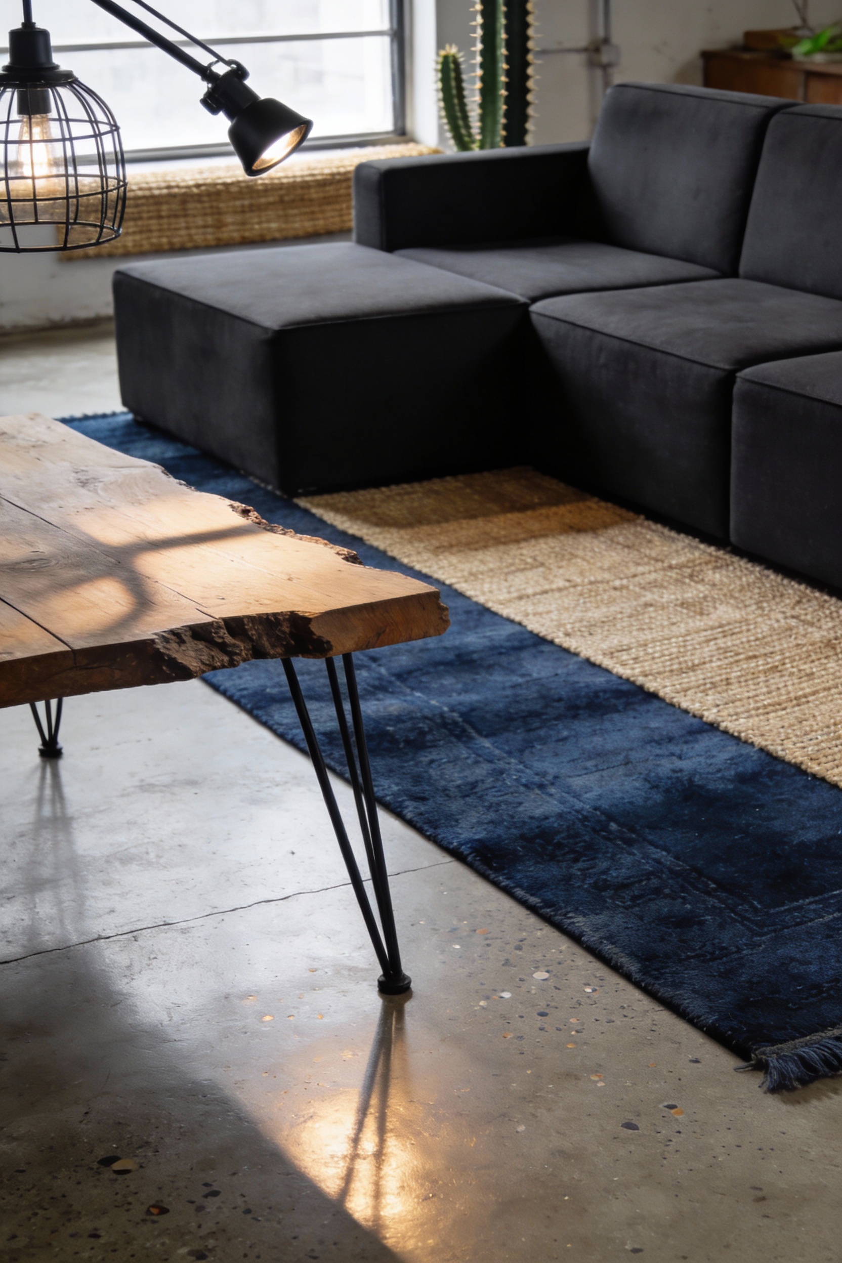 Close-up detail of an industrial loft floor: satin-sealed polished concrete with subtle aggregate reflecting light, the 