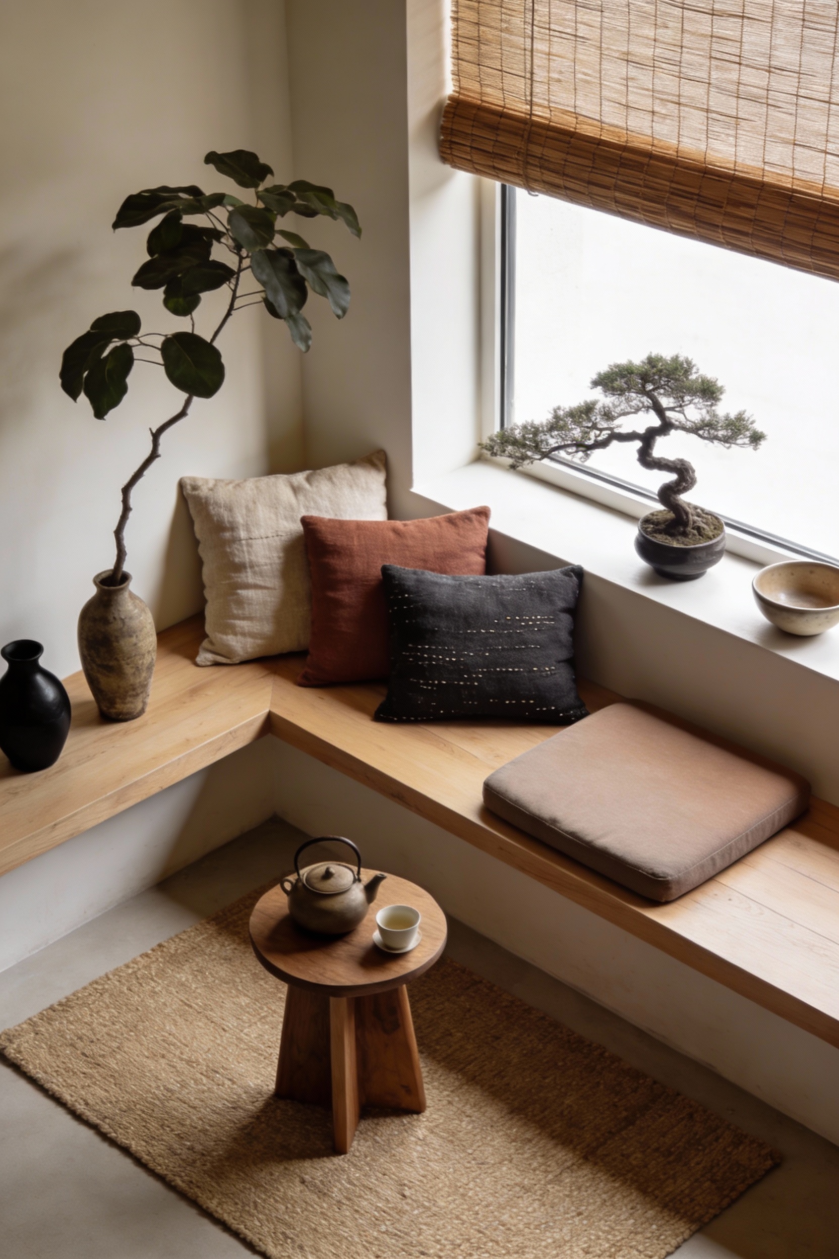 Overhead detail shot of a minimal Japandi tea corner at a bay window: low light-oak or ash platform bench with a single 
