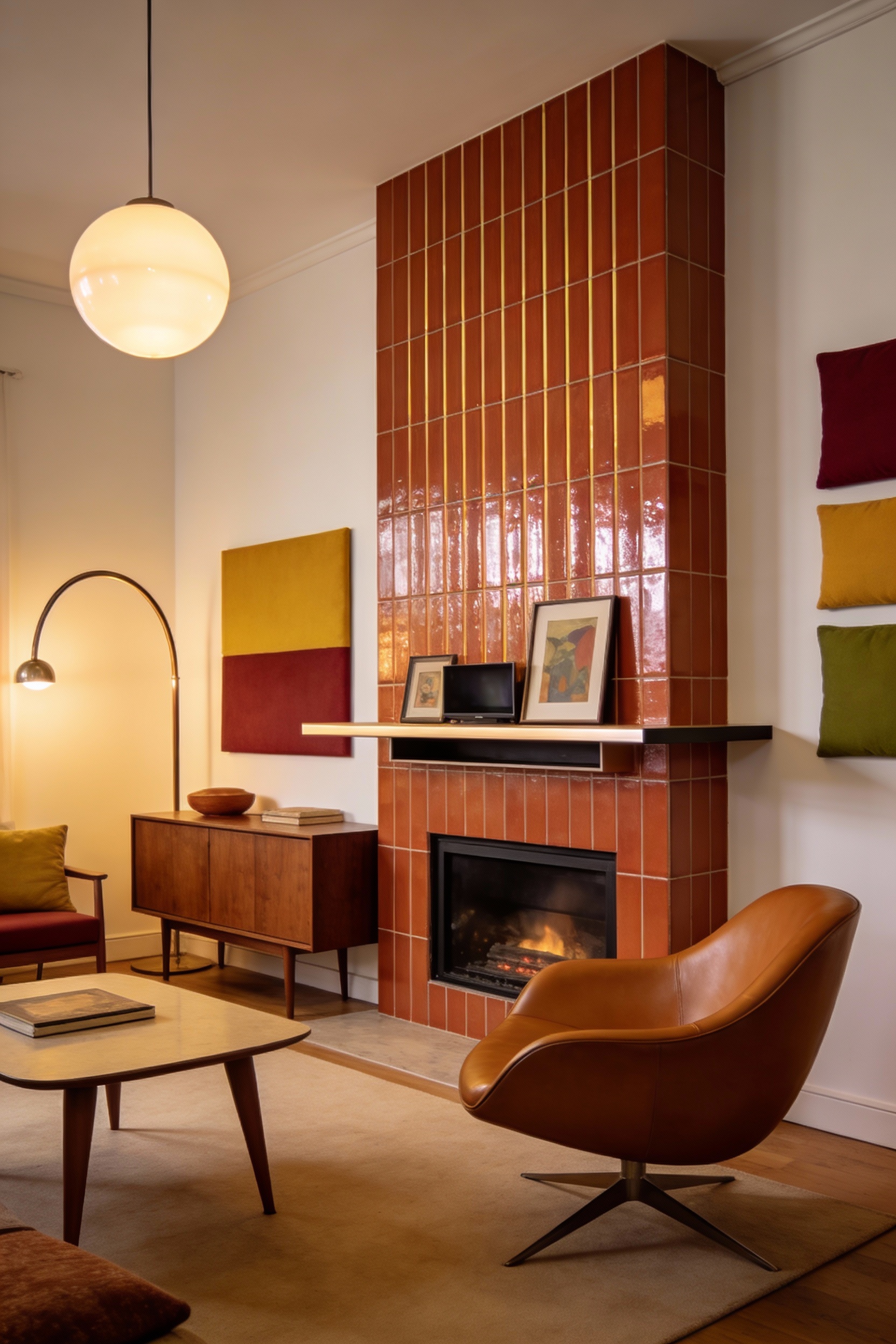 Wide photorealistic mid-century living room featuring a bold tiled chimney breast surround as the hero: slim vertical st