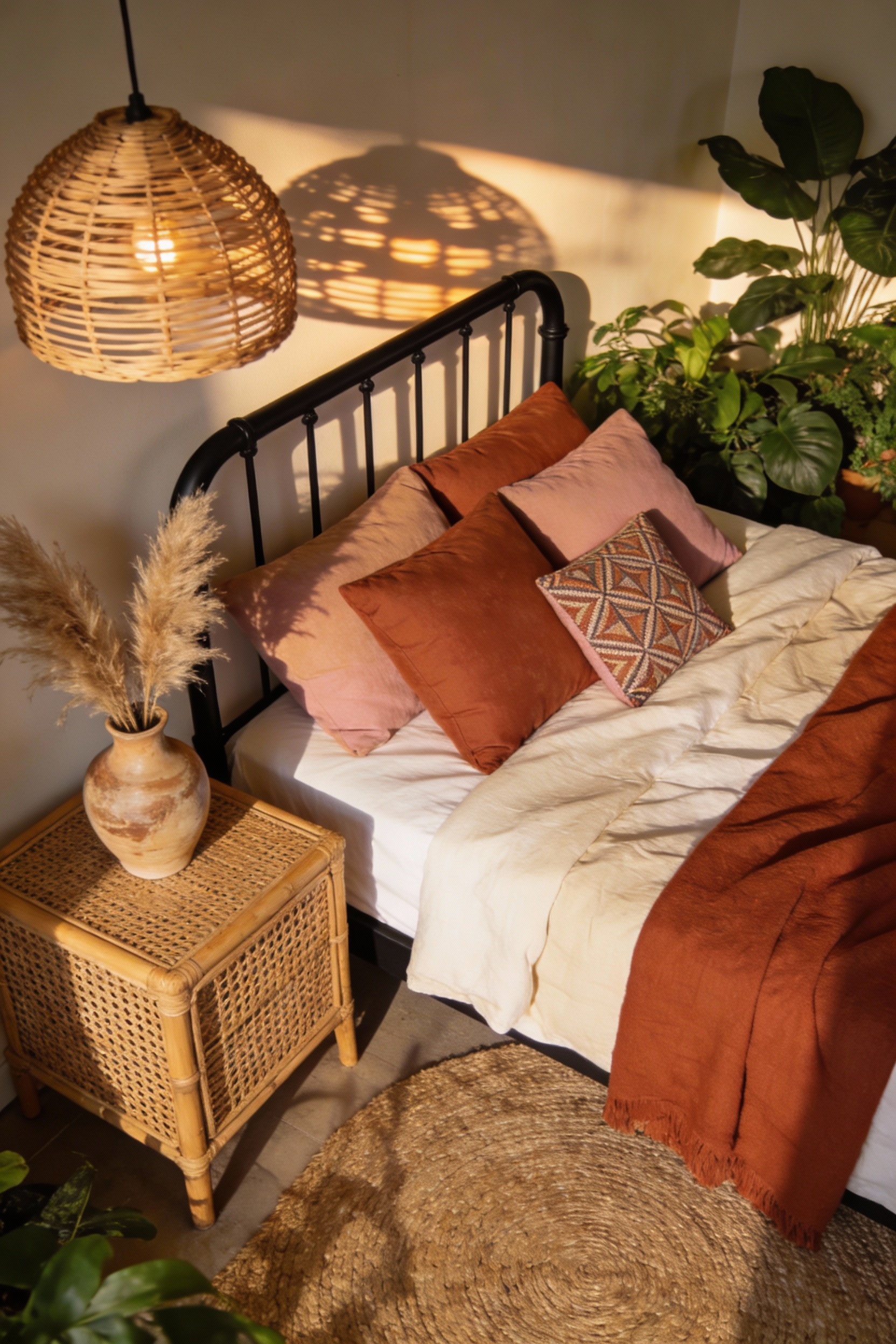 Overhead photorealistic styling shot of an earthy boho bedroom vignette: black metal or black wood bedframe edge as anch
