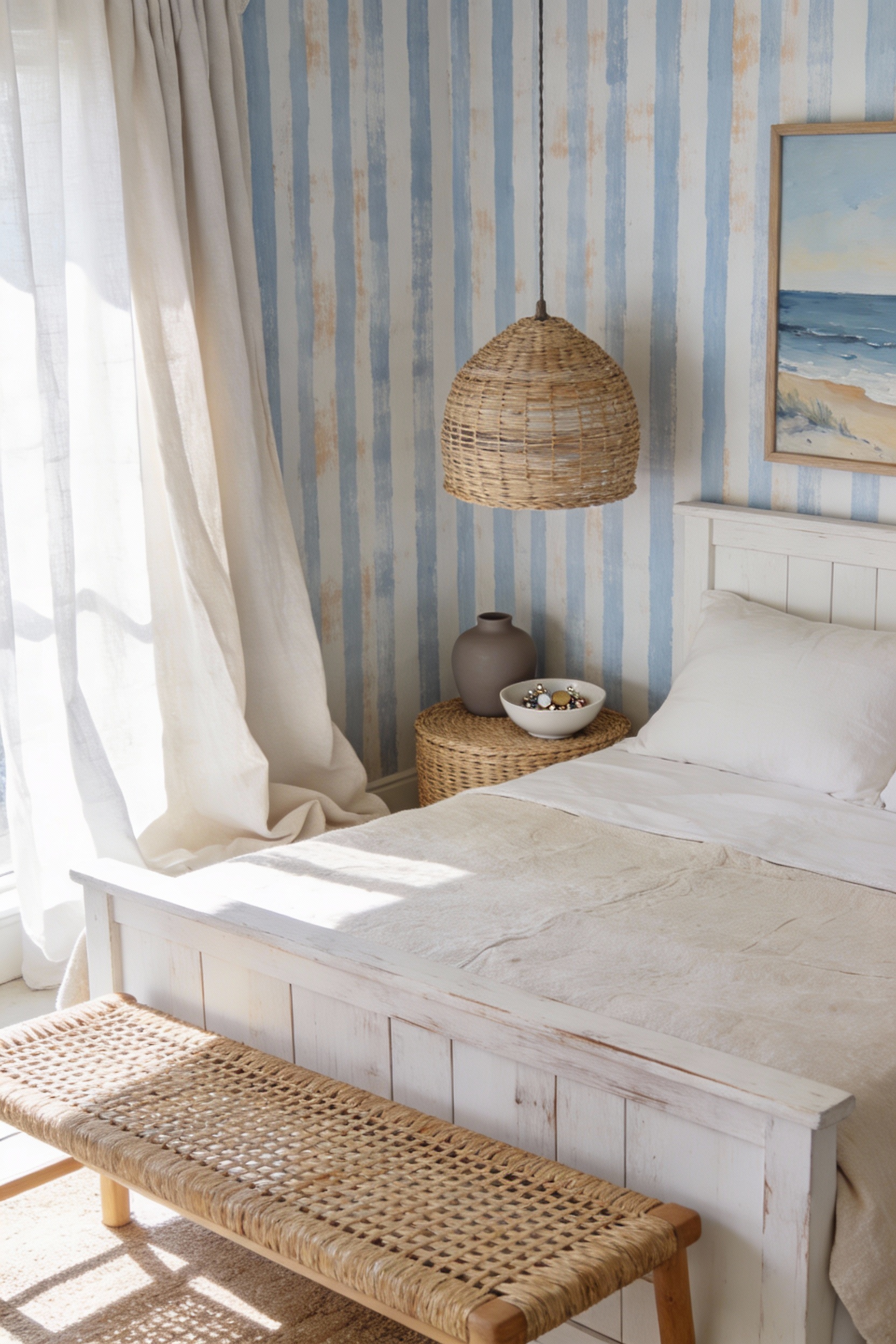 Detailed close-up/overhead photorealistic vignette emphasizing texture layers: coastal calm palette of warm white, sand,