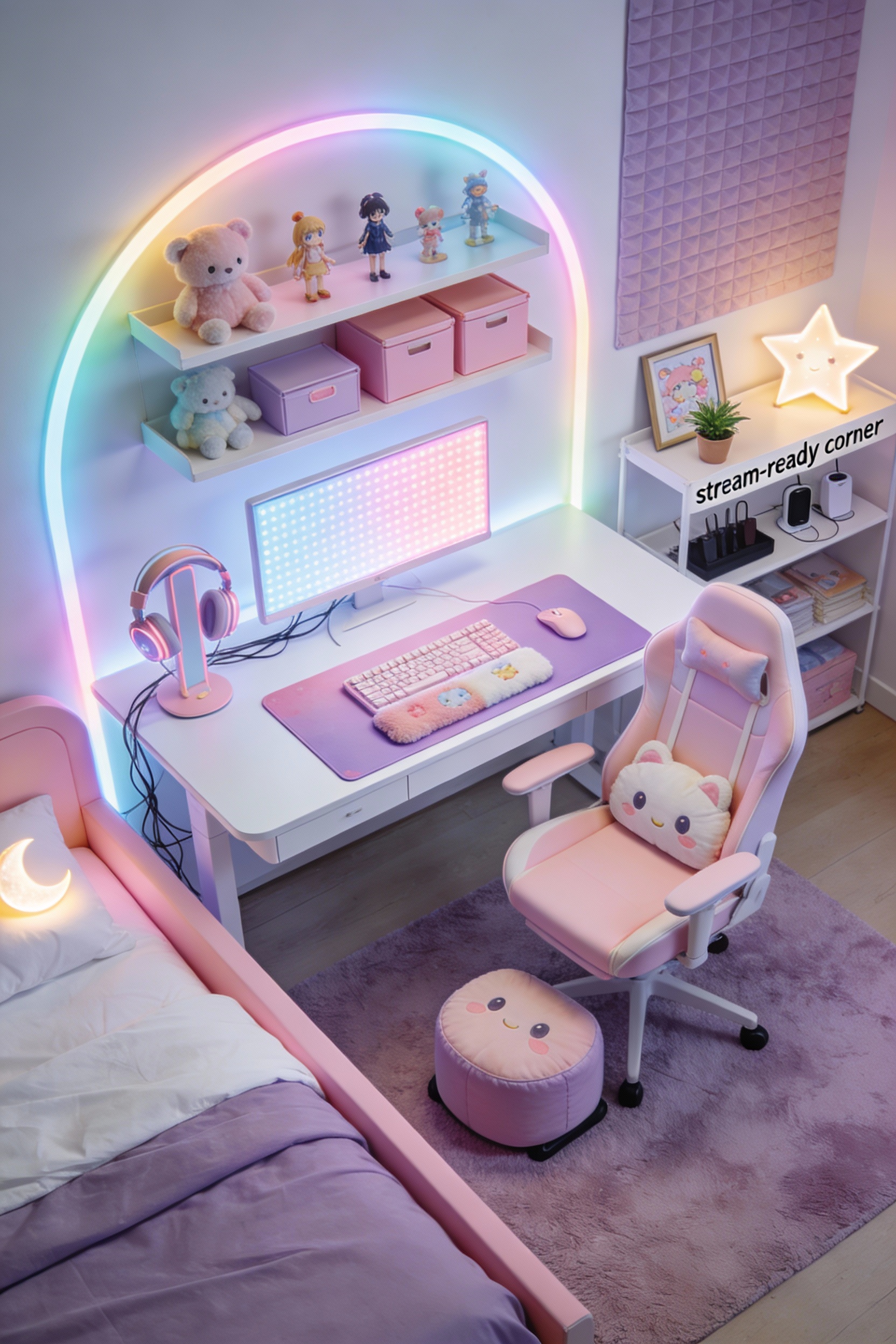 Overhead wide shot of a kawaii gamer glow room focused on a compact stream-ready desk setup: clean cool-white base with 