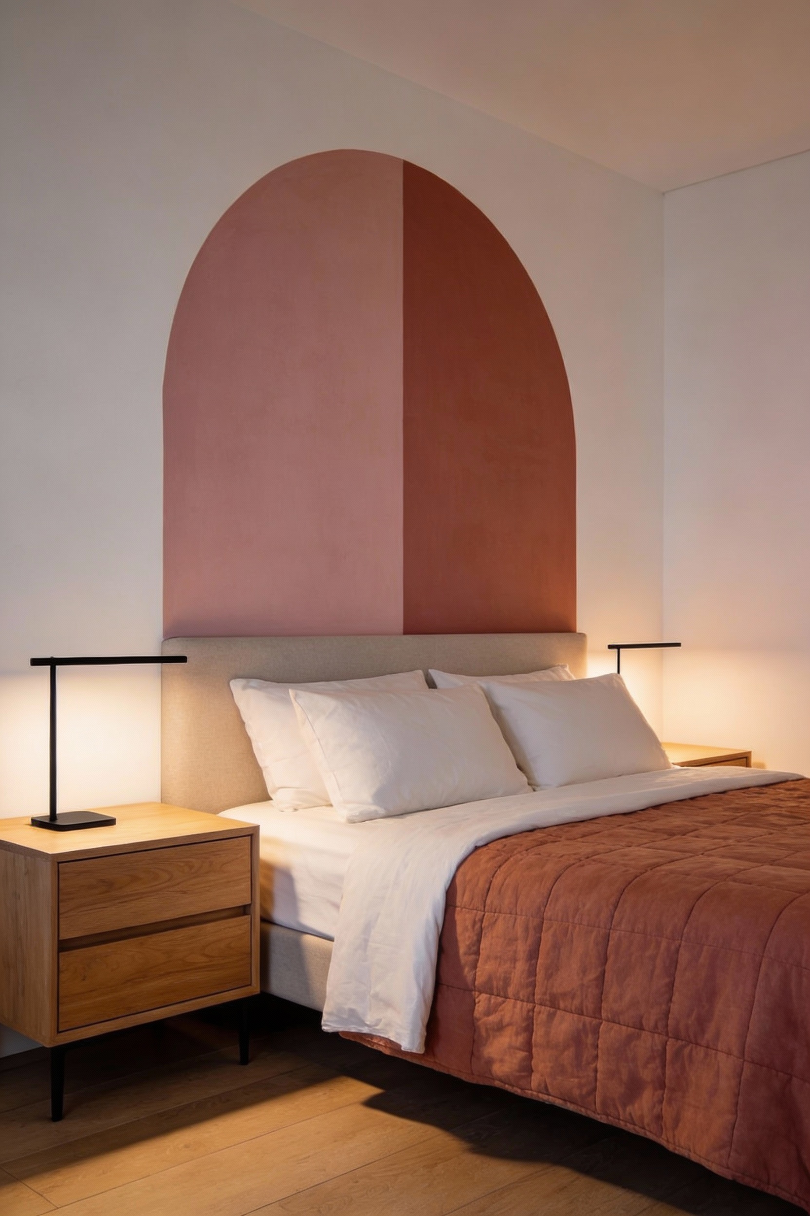 Wide bedroom shot from a front corner perspective, photorealistic contemporary boutique-hotel feel: base walls soft warm