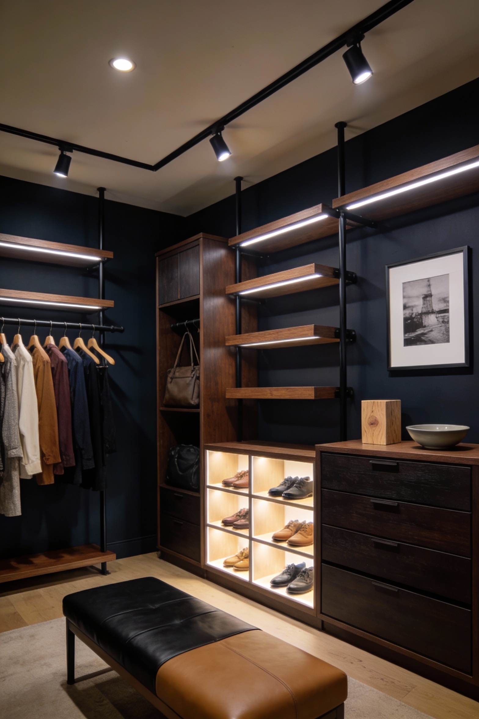 Wide corner-angle photorealistic shot of a dark moody closet lounge: deep charcoal (or inky navy) walls, walnut shelves
