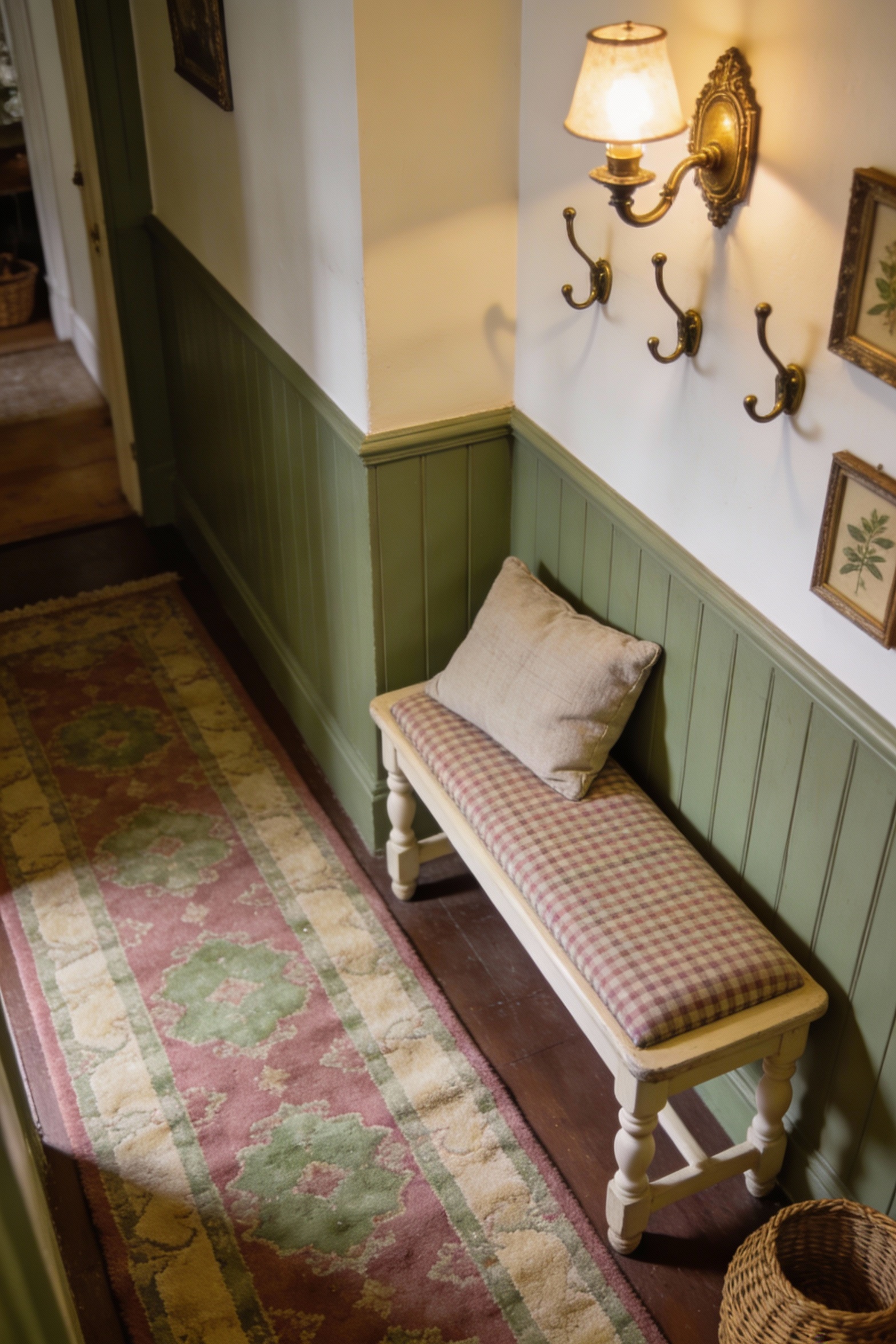 Detail closeup at bench height in an English cottage corridor: sage green beadboard/paneling on the lower wall with crea