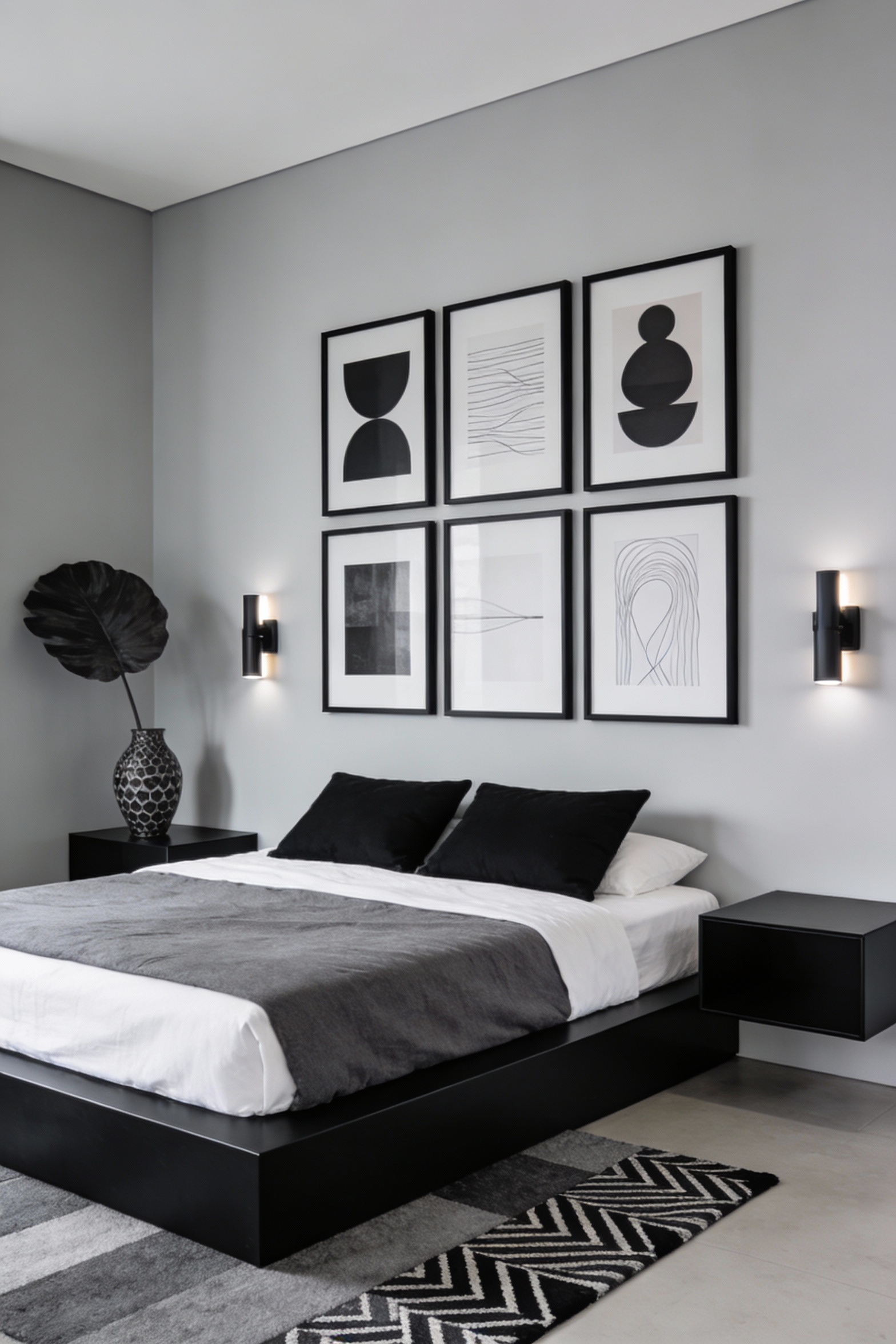 Wide photorealistic contemporary black-and-gray gallery bedroom from a corner perspective: cool light-gray walls as back