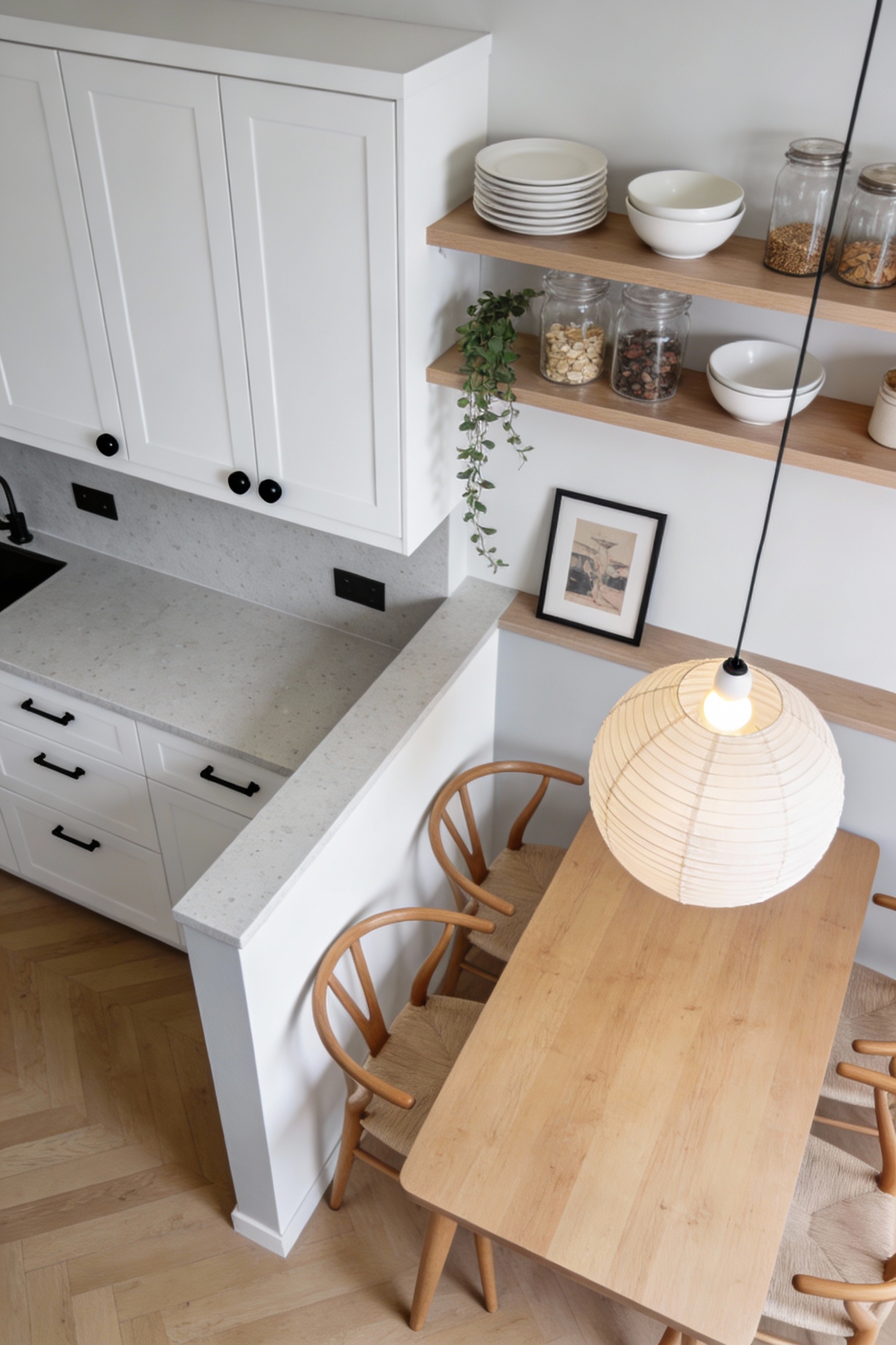 4. Overhead photorealistic Scandinavian kitchen-dining layout featuring a half wall divider topped with open shelving se