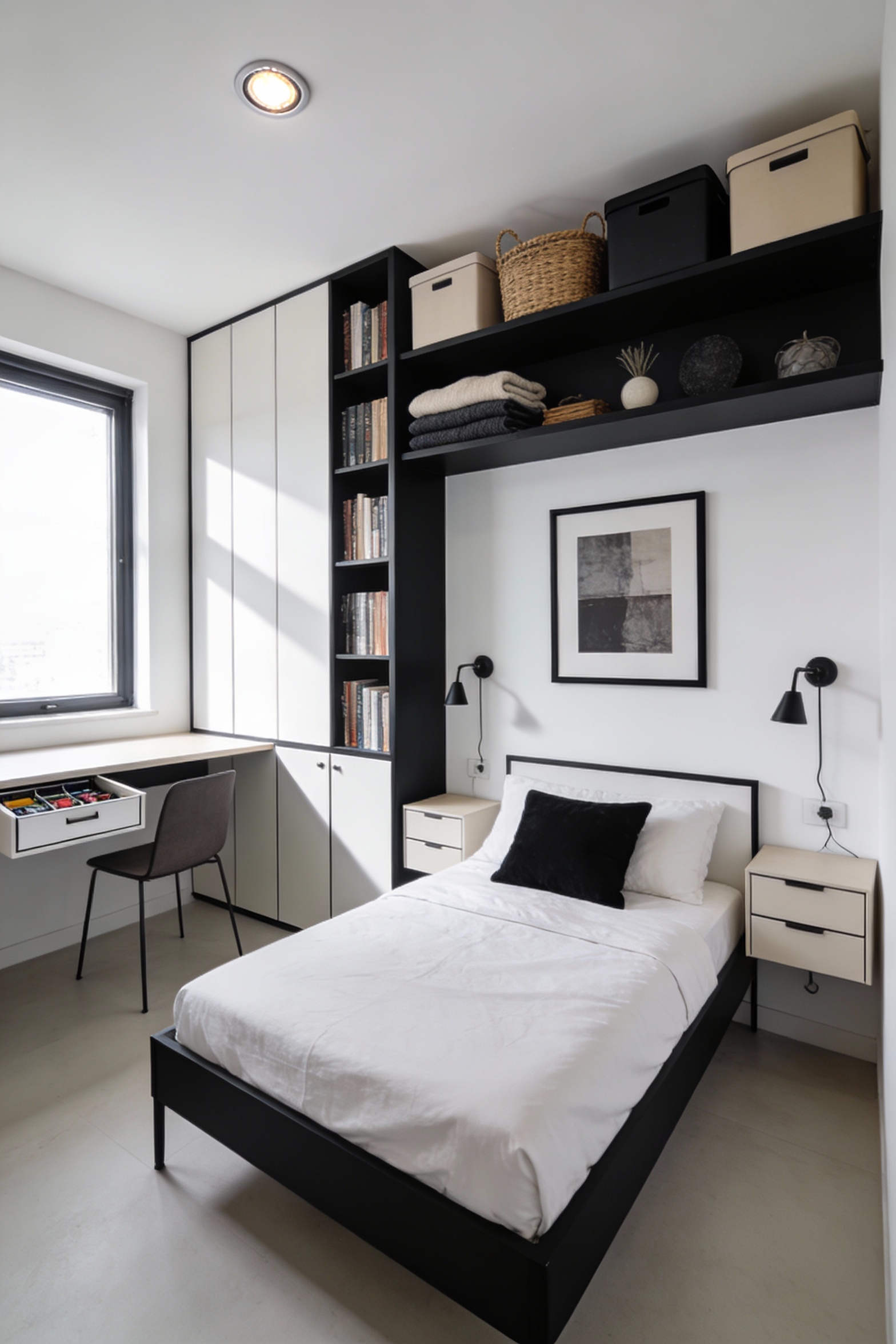 Wide shot photorealistic modern small-space bedroom with clean white walls and black accents, black-framed art, streamli
