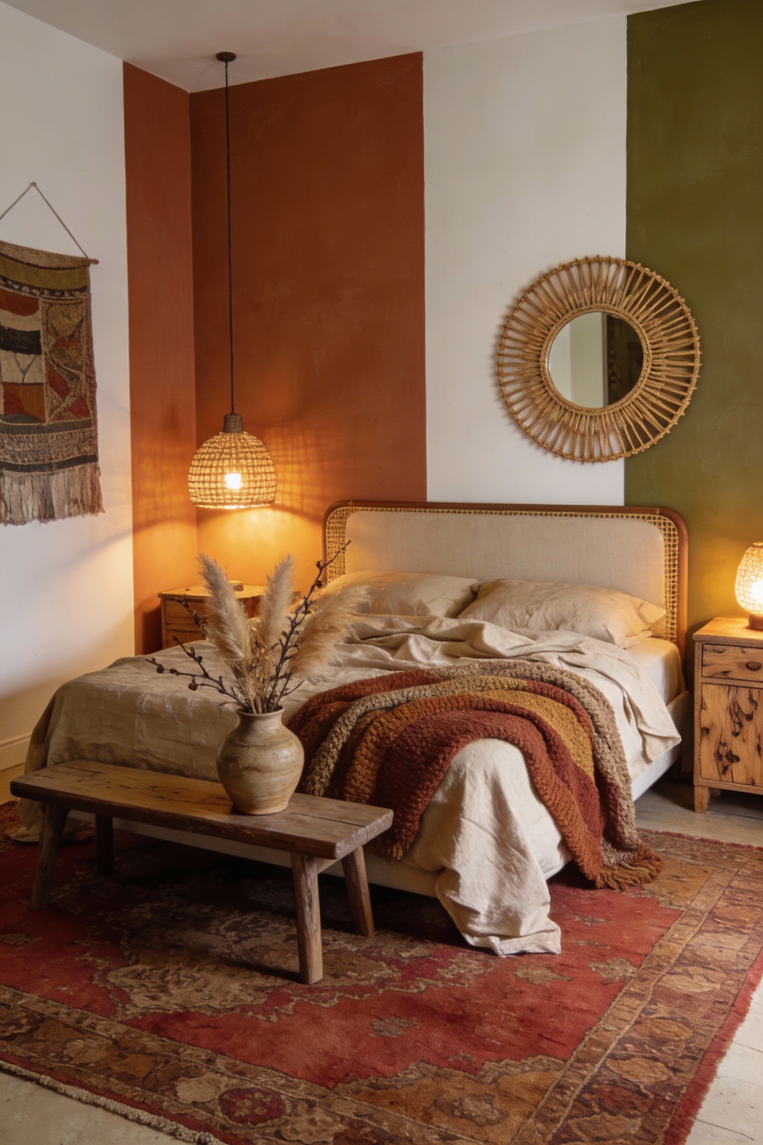 Medium corner shot photorealistic boho bedroom with a soft layered headboard wall: low-profile bed with simple upholster