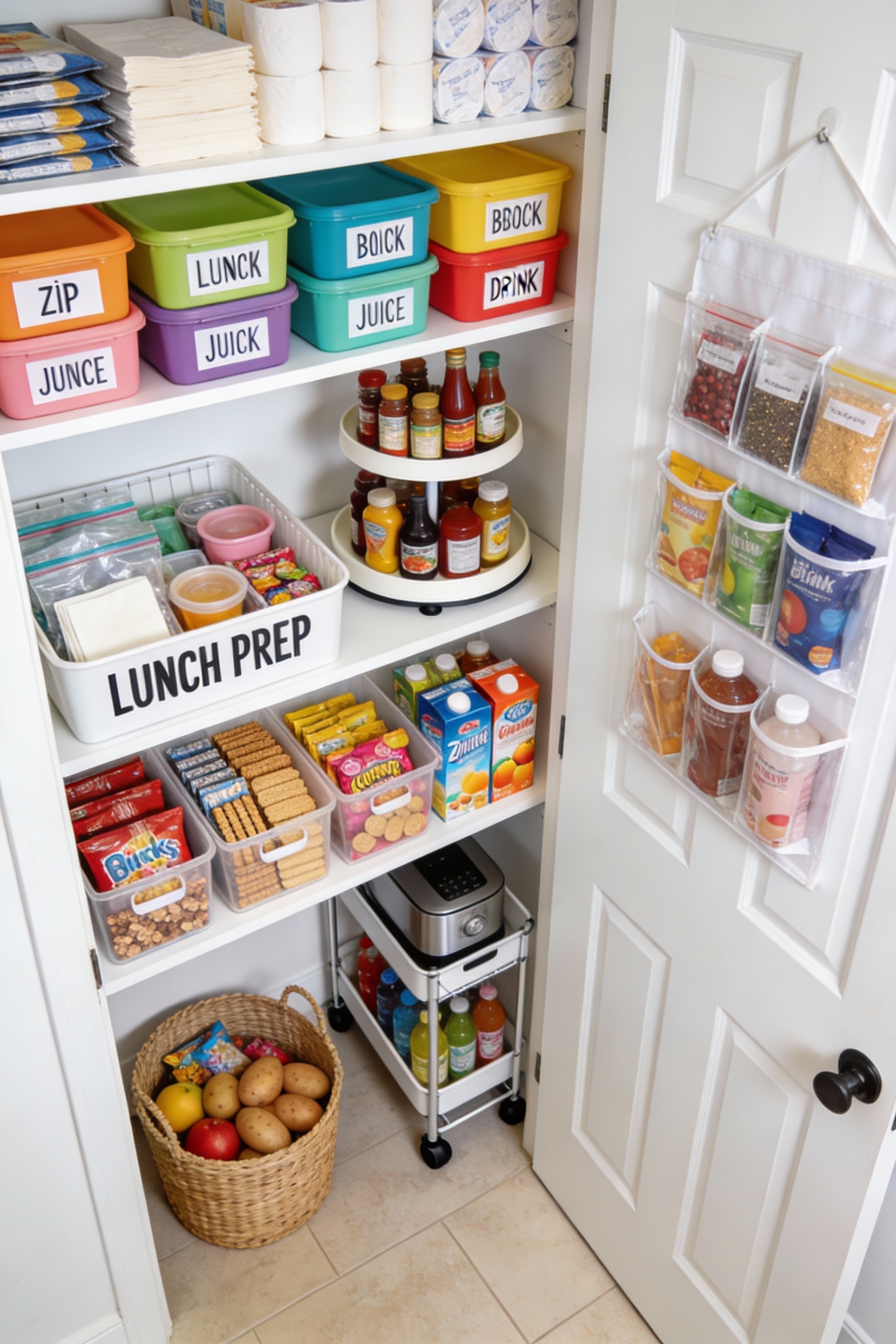 4. Overhead view looking down into a bright “Family Command Center” pantry: white shelves with neatly color-coded bins/l
