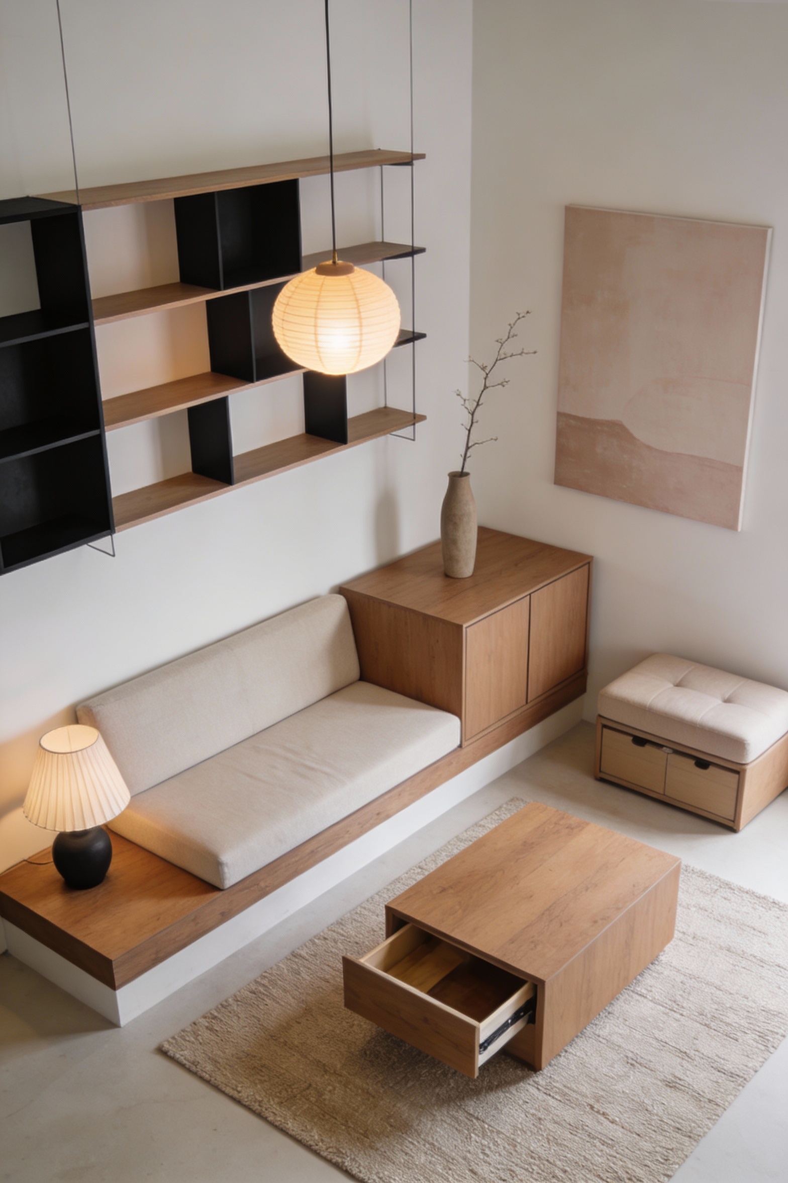 Overhead photorealistic shot of a smart Japandi small-flat layout featuring a low platform-style sofa, a low wood coffee