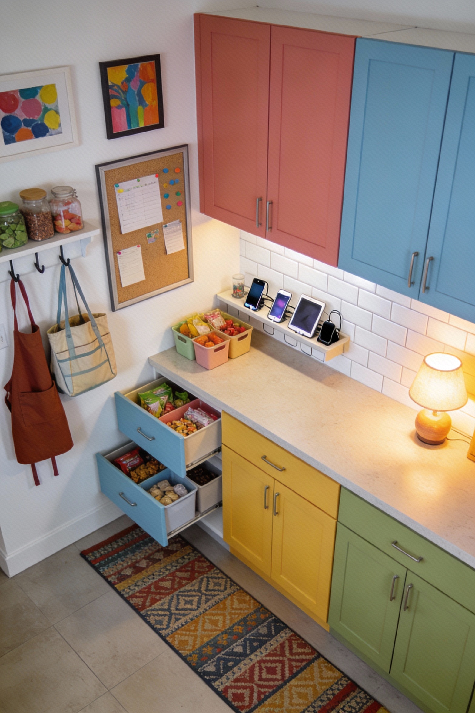 Overhead photorealistic view of a cheerful color-pop family command scullery: bold dusty coral or powdery blue or sunny 