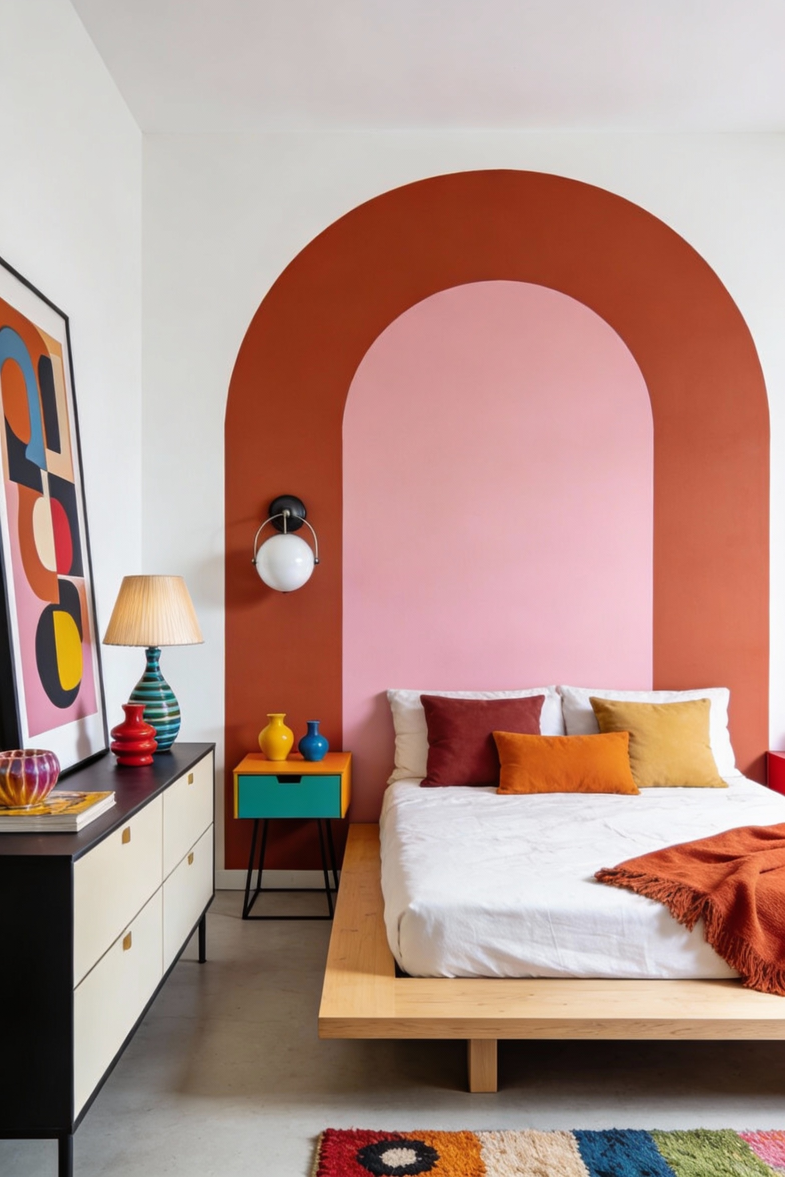 Wide angled photorealistic studio bedroom with a bold painted color-block arch centered behind the bed like a giant head