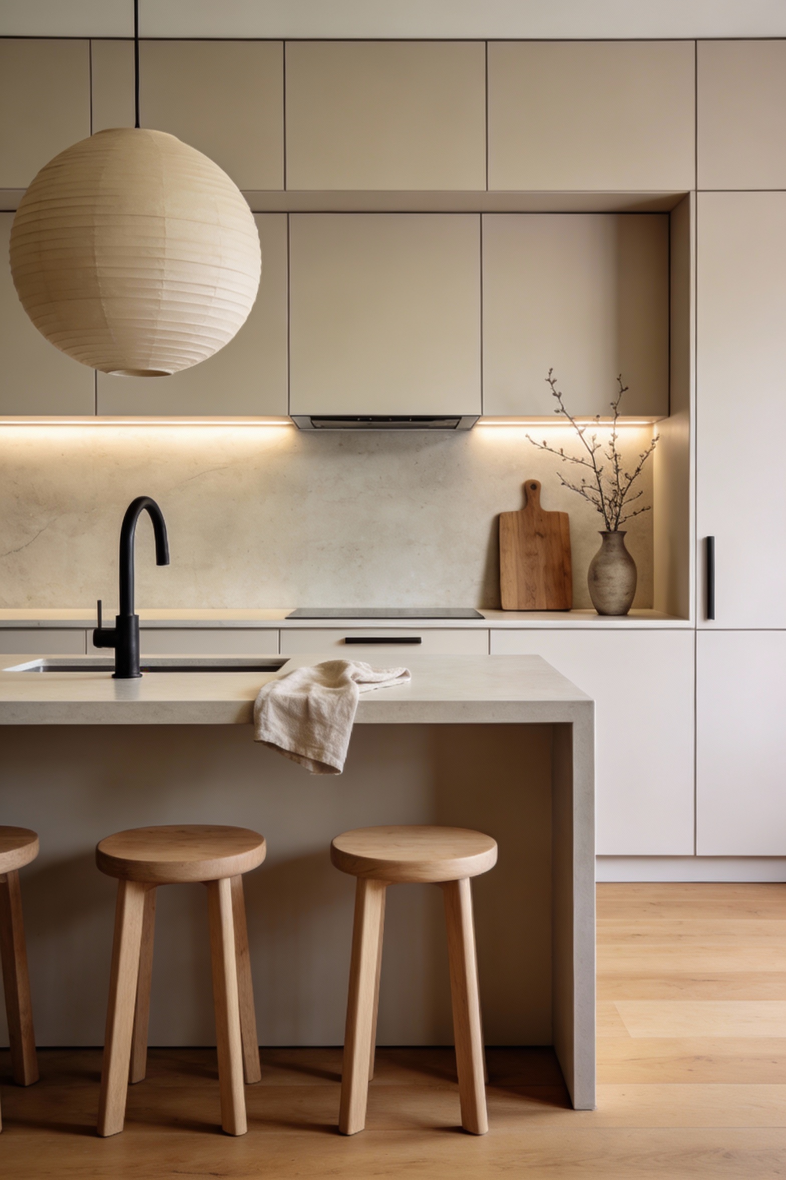 4. Minimal Scandinavian kitchen medium shot focused on a seamless full-height cabinet surround in pale greige or warm mu